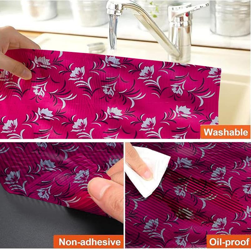 Image of Anti-Slip Kitchen Shelf Liner - 5 Meter Roll, Waterproof Multipurpose Mat for Fridge, Cabinet, Drawer, Trolley & Bathroom - Easy to Cut Floral Blue Print (Pink)