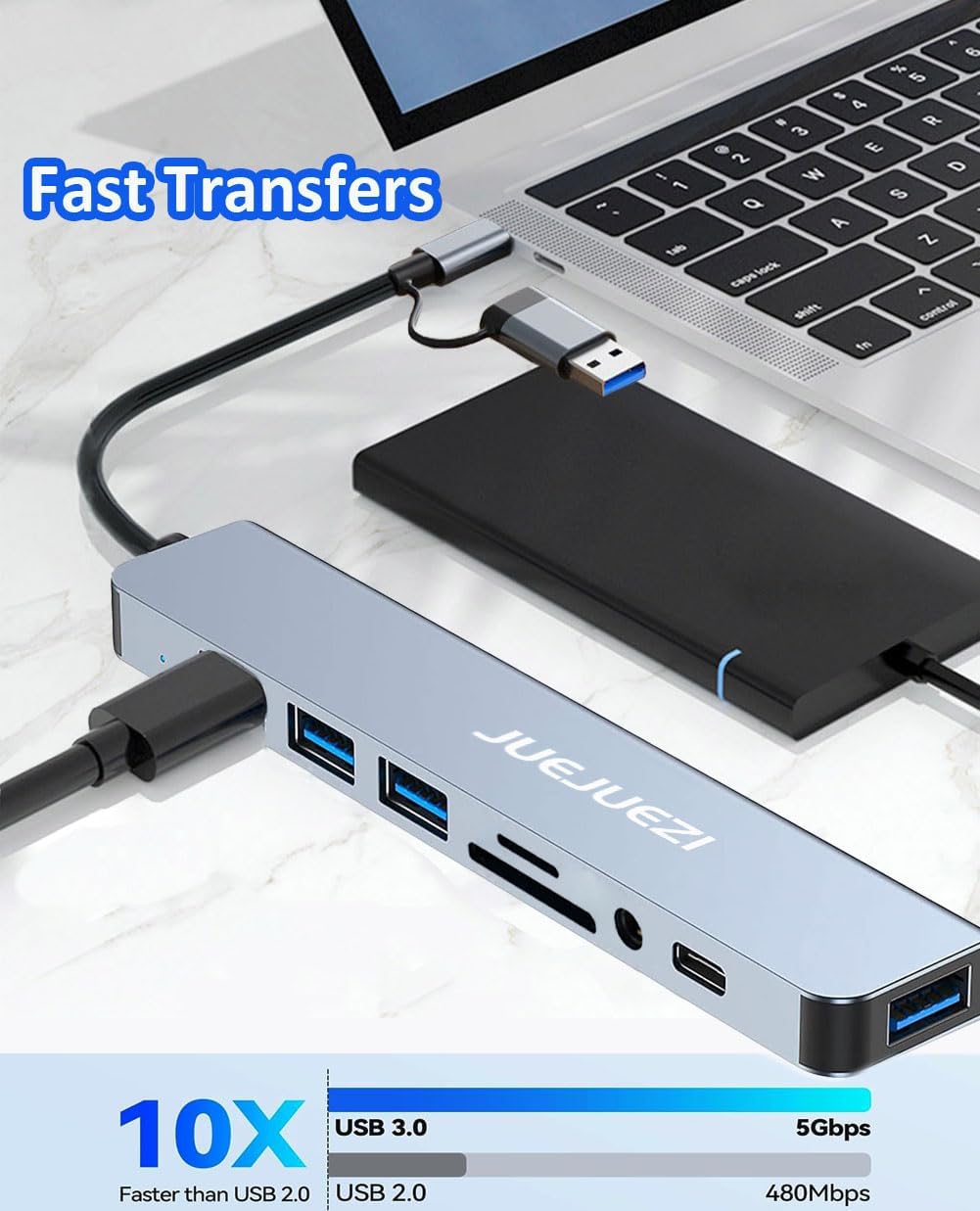 JUEJUEZI USB Hub 3.0 Multiport Adapter 8 Port, Aluminum USB & USB C Hub 3.0 Expander Splitter 8 in 1 Fast Date Transfer, Audio and TF/SD Ports, for MacBook Pro/Air, Pad Pro/Phones 15 pro/Laptop image 5 of 9 B0CY59H72G