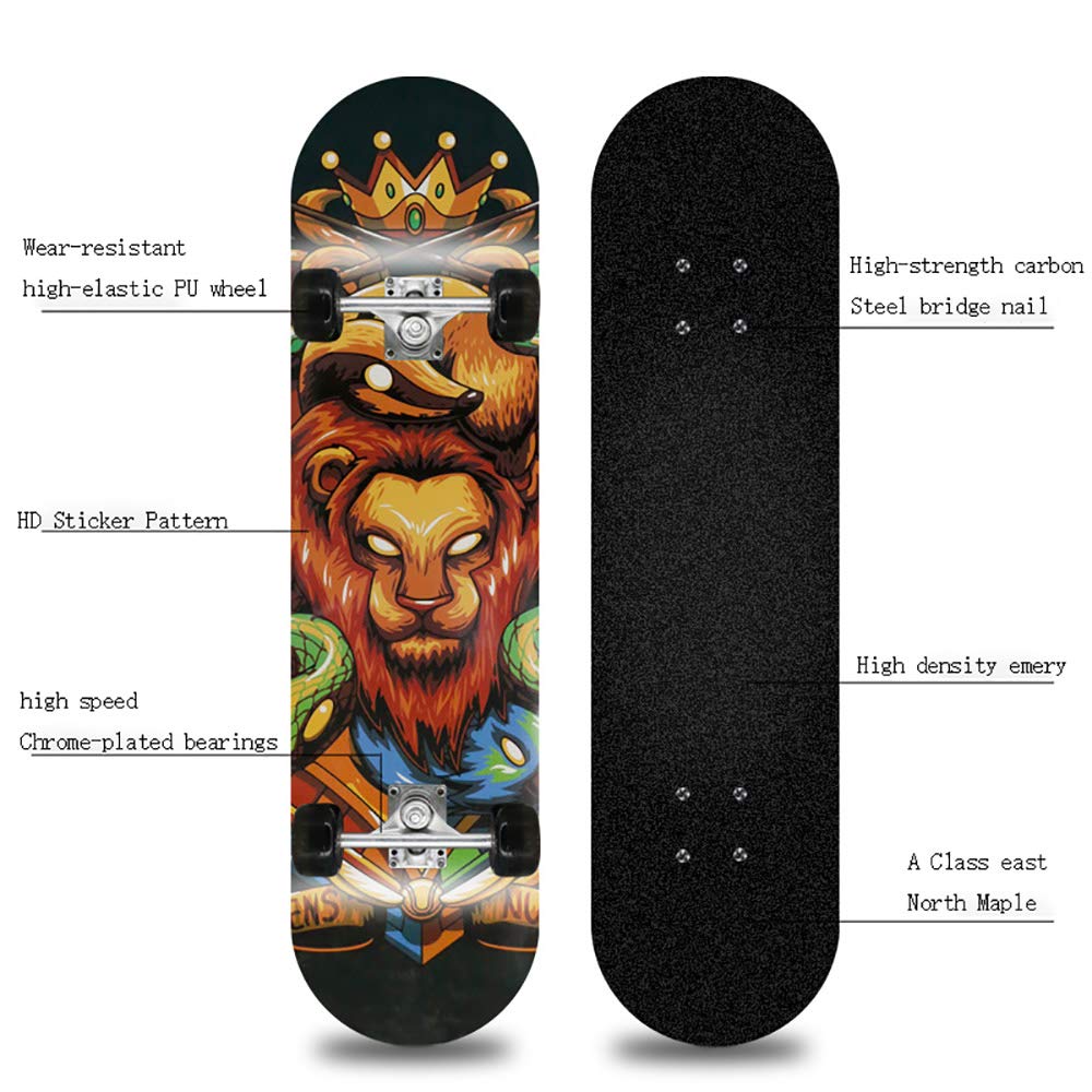 Skateboard Completo, Tabla de Skate Retro Maple Wood Adultos y Niños con Pro Skate Board, Alta Velocidad Rodamientos+PU Rueda, para Principiantes y Profesionales