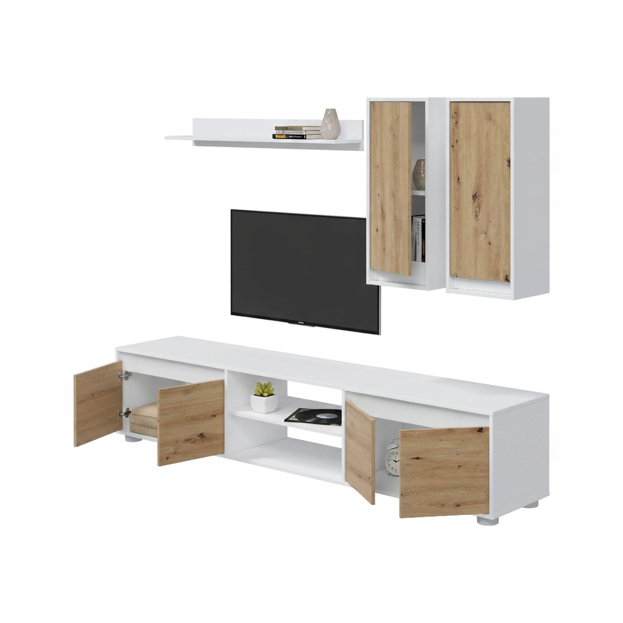Dmora Parete Attrezzata Wells 40x200x114h cm Bianco 7 Ripiani 6 Ante, 8 Vani