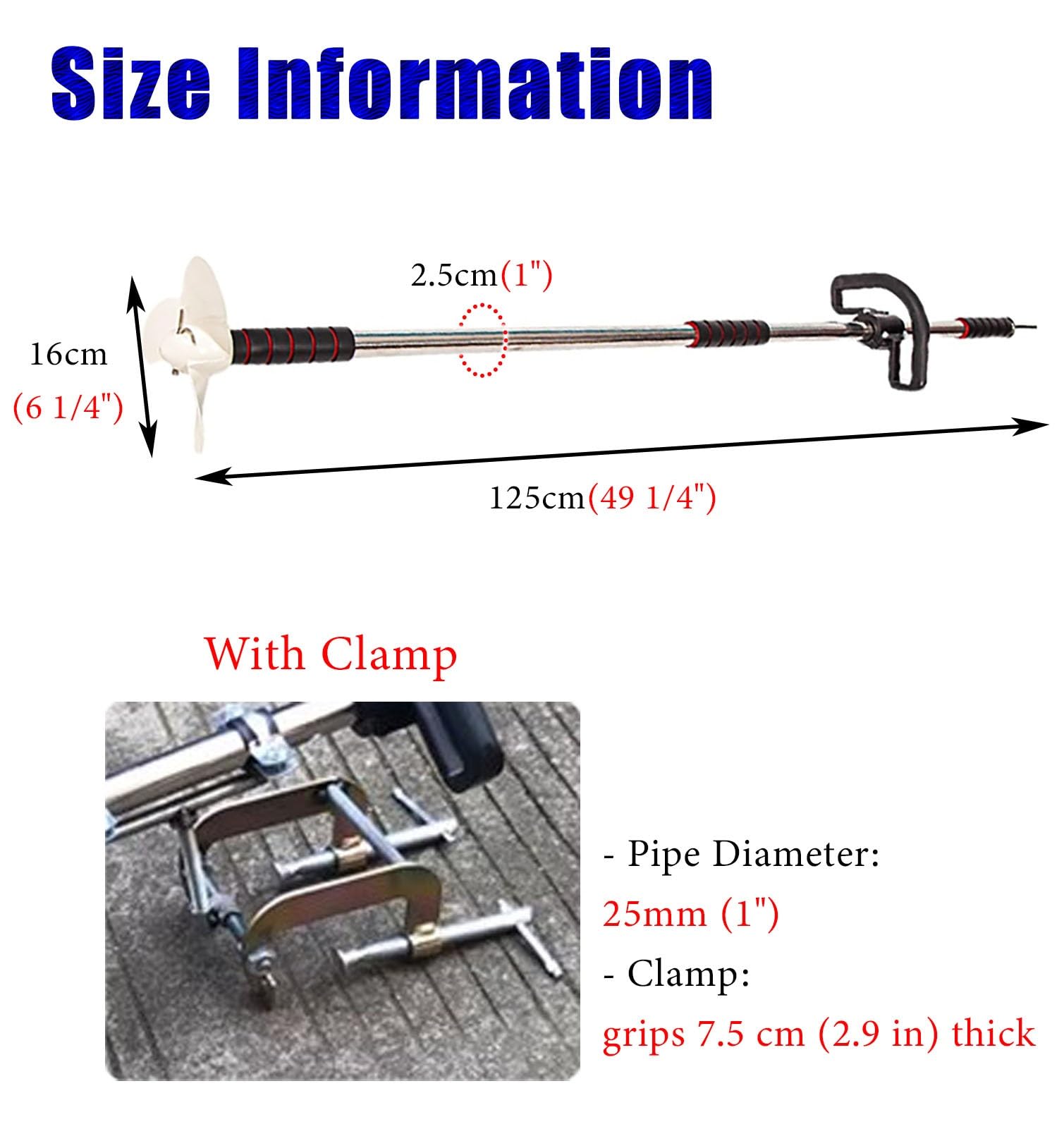 Motore Fuoribordo Kit Elica per Barca a Motore a Trazione Idraulica, Motores Elettrico di Emergenza per Barca a Traina, Propulsore Portatile Orientabile per Kayak(With Clamp,L-125cm(49 1/4"))