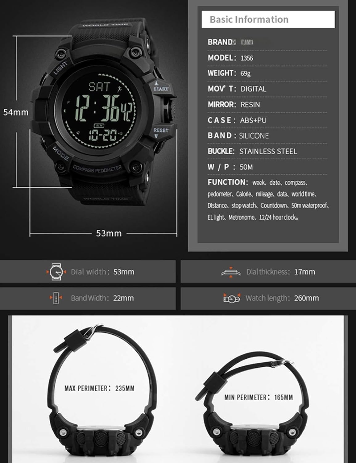 Mens Digital Sports Watch Waterproof Military Outdoor Compass Multifunction Wrist Watch Pedometer Calorie