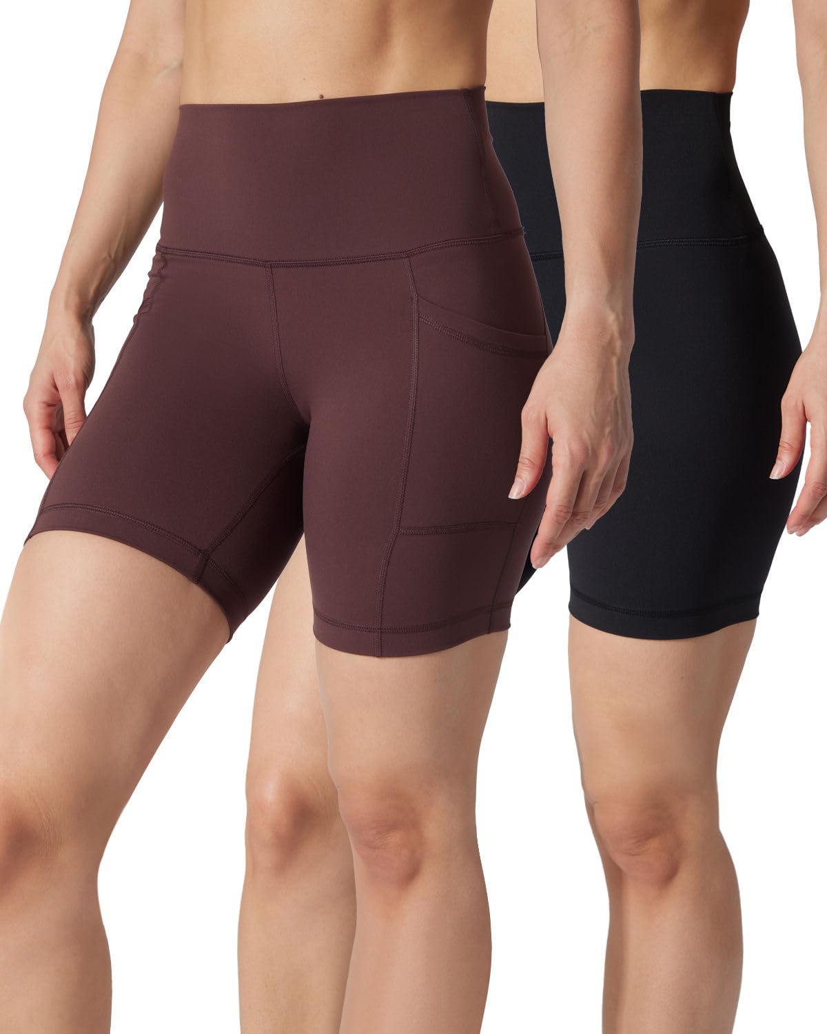 Yogalicious Women's Cocoa (W/ Pocket) / Black (No Pocket) 7" 5”, 7” High Waisted Biker Shorts Squat Proof Workout Yoga Short 2 Pack, L