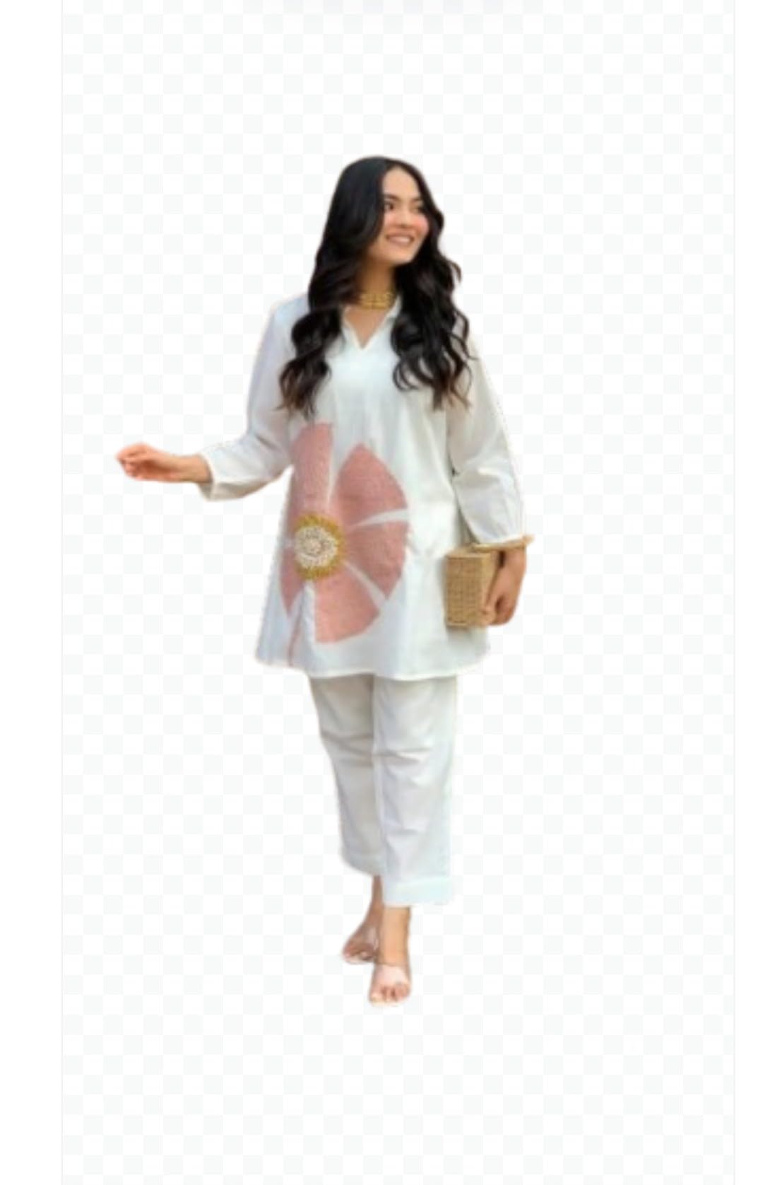 White Cotton Co-ord Set with Pink Floral Design