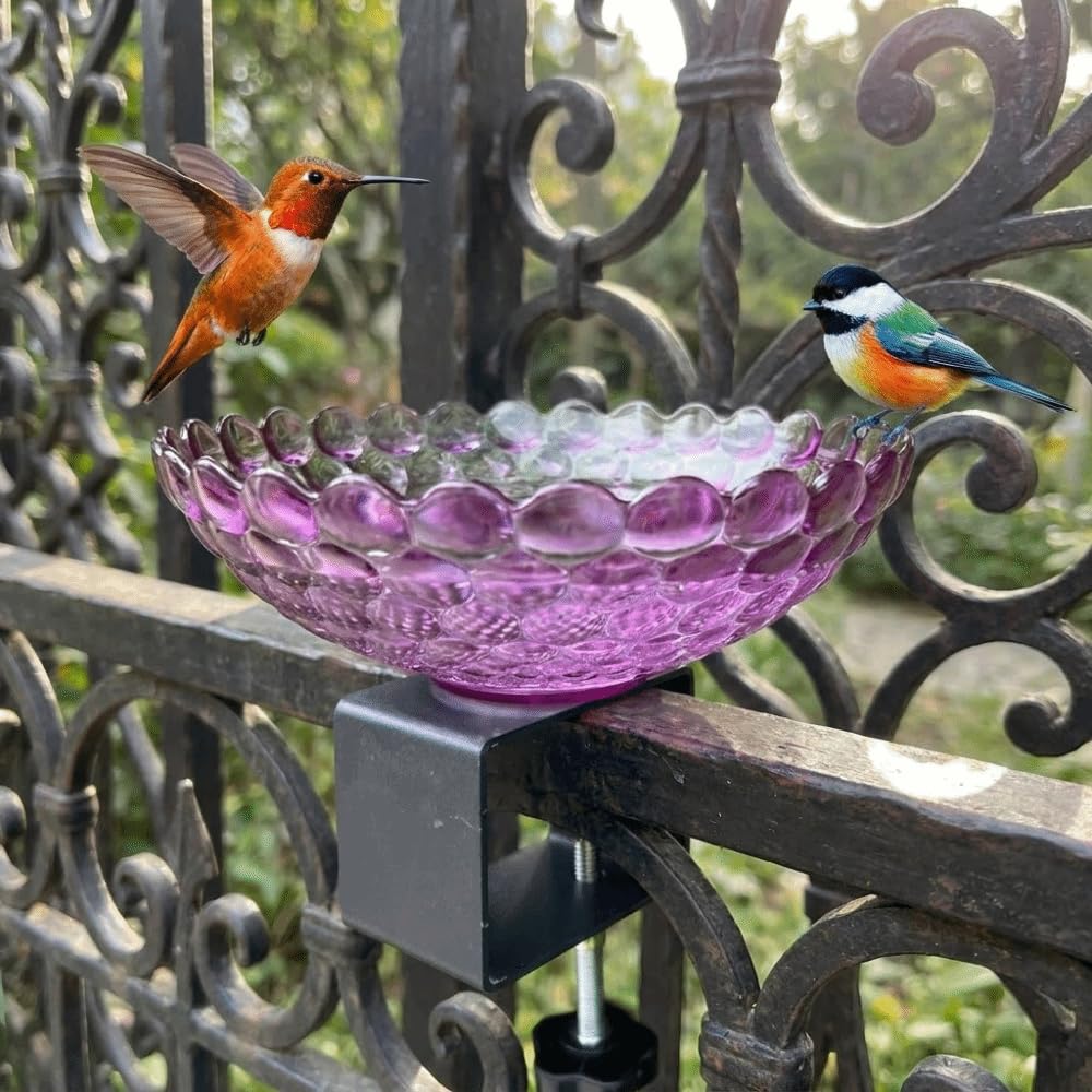 Baño para pájaros para barandilla de balcón, comedero de plástico portátil con abrazadera, cuenco de agua al aire libre para jardín, patio, terraza, ideal para pájaros pequeños