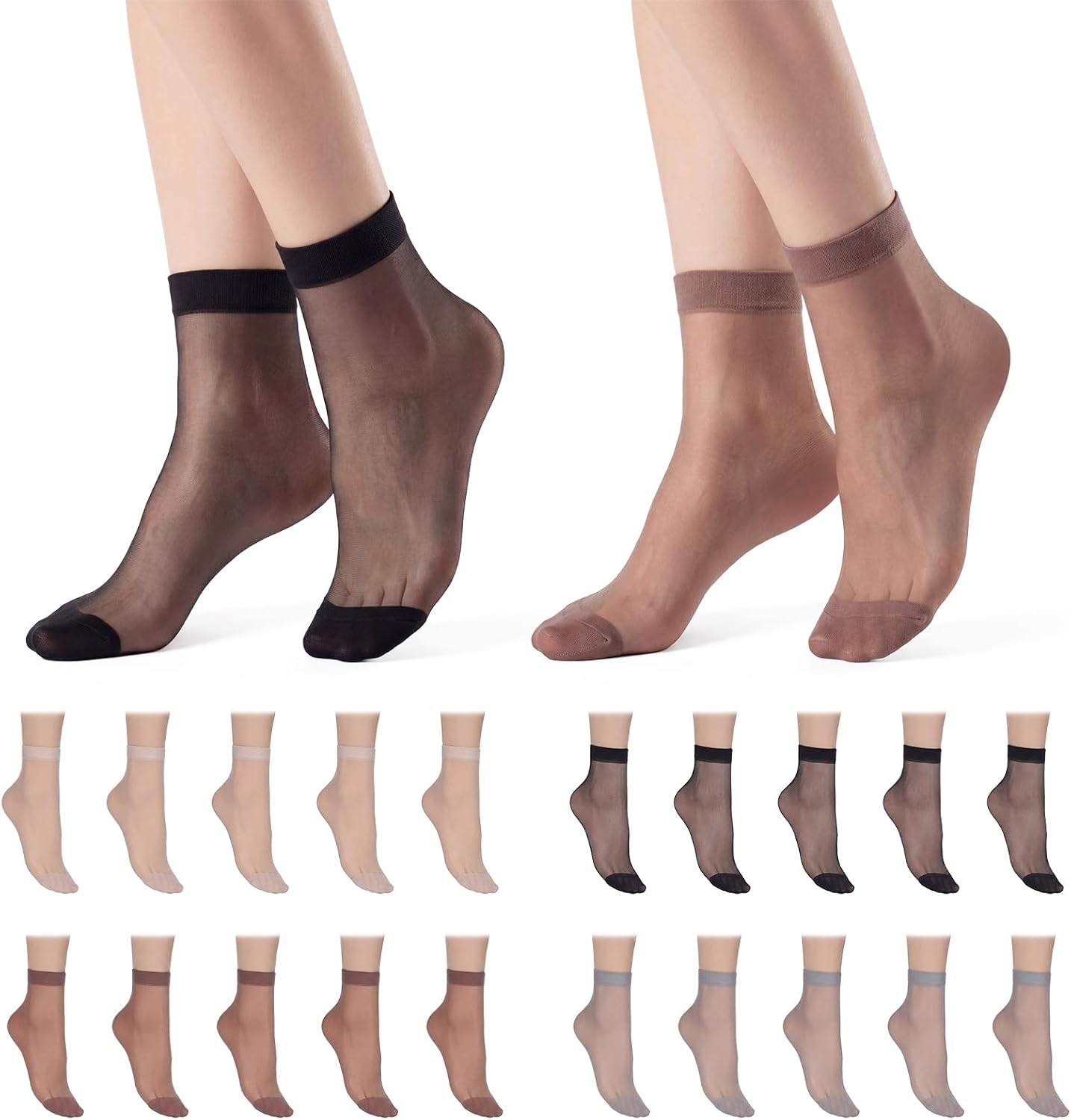 Styquenzer 20 PCS Black Mesh Sheer Lace Dress Sock, Ankles Summer Breathable Nylon Socks Antil Slip Thin Ankles High Tight Sock Nude Ankle Socks Reinforced Toe with Comfort Top Hosiery Stylish