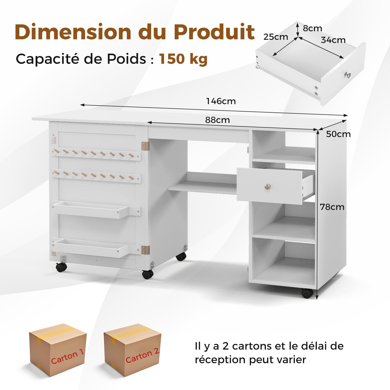 COSTWAY Table de Couture Pliante, Meuble Machine à Coudre avec 4 Compartiments Ouverts et 1 Tiroir de Rangement, 18 Rangées de Bâtonnets, 2 Plateaux de Rangement, roulettes Verrouillables, Blanc