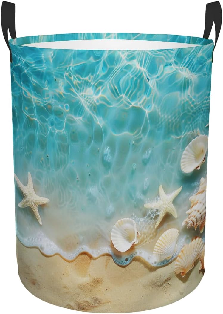 Starfish Shells Sea Laundry Basket Foldable Laundry Baskets With Handles for Bedroom Bathroom Toys Decorative Basket