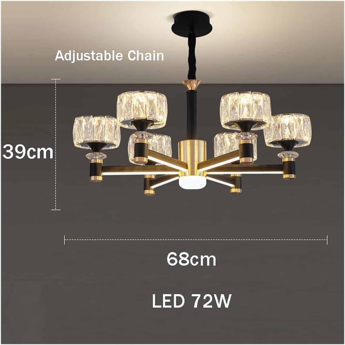 Nowoczesna, wisząca lampa w stylu rustykalnym w stylu rustykalnym, czarno-złota, kryształowa, z 6/8 diodami LED. Idealna do jadalni, sypialni, salonu, kuchni i restauracji (kolor: