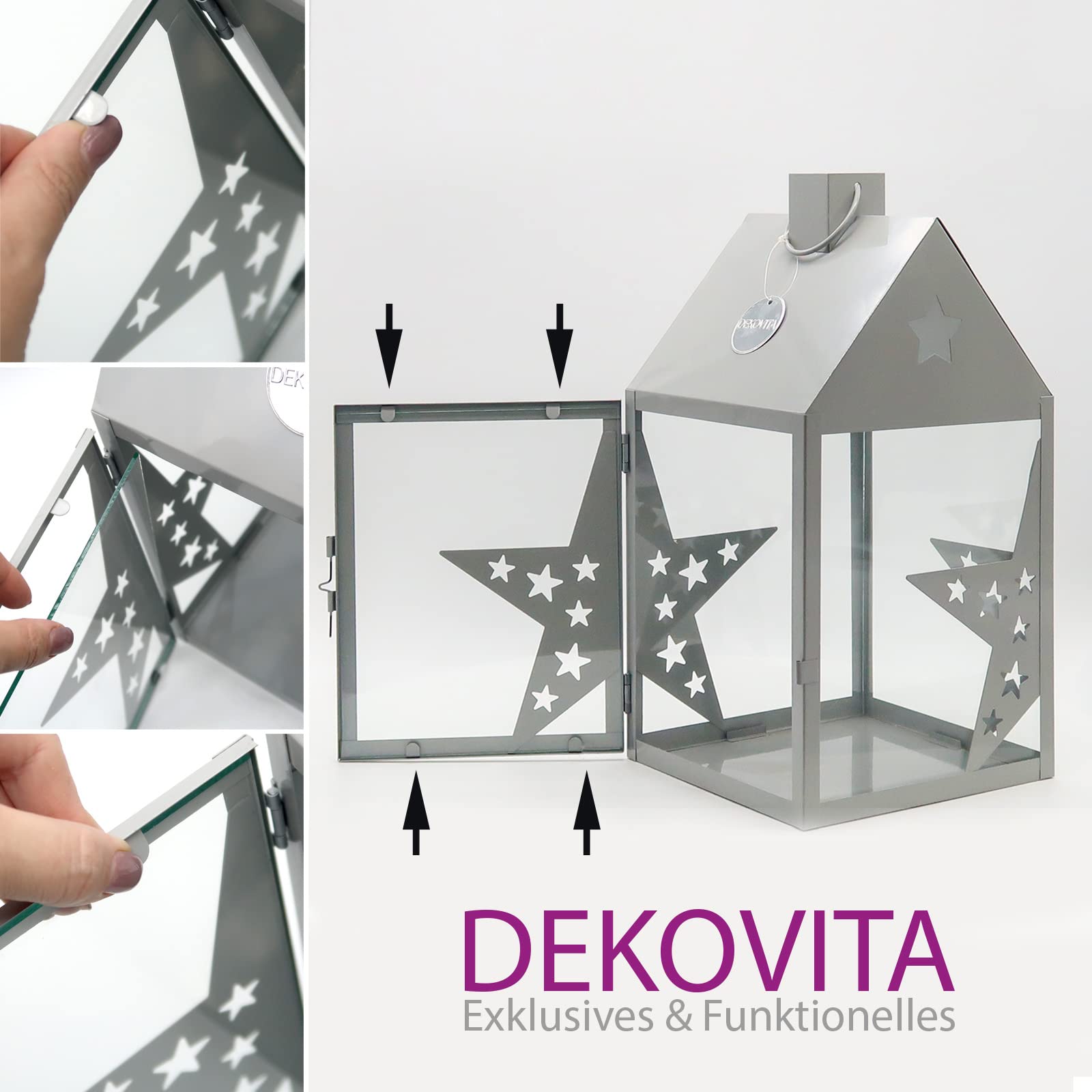 Dekovita 2er-Set Metall-Laterne 30cm/38cm - Gartenlaterne mit Glas-Scheiben - Windlicht Sterne Lichthaus