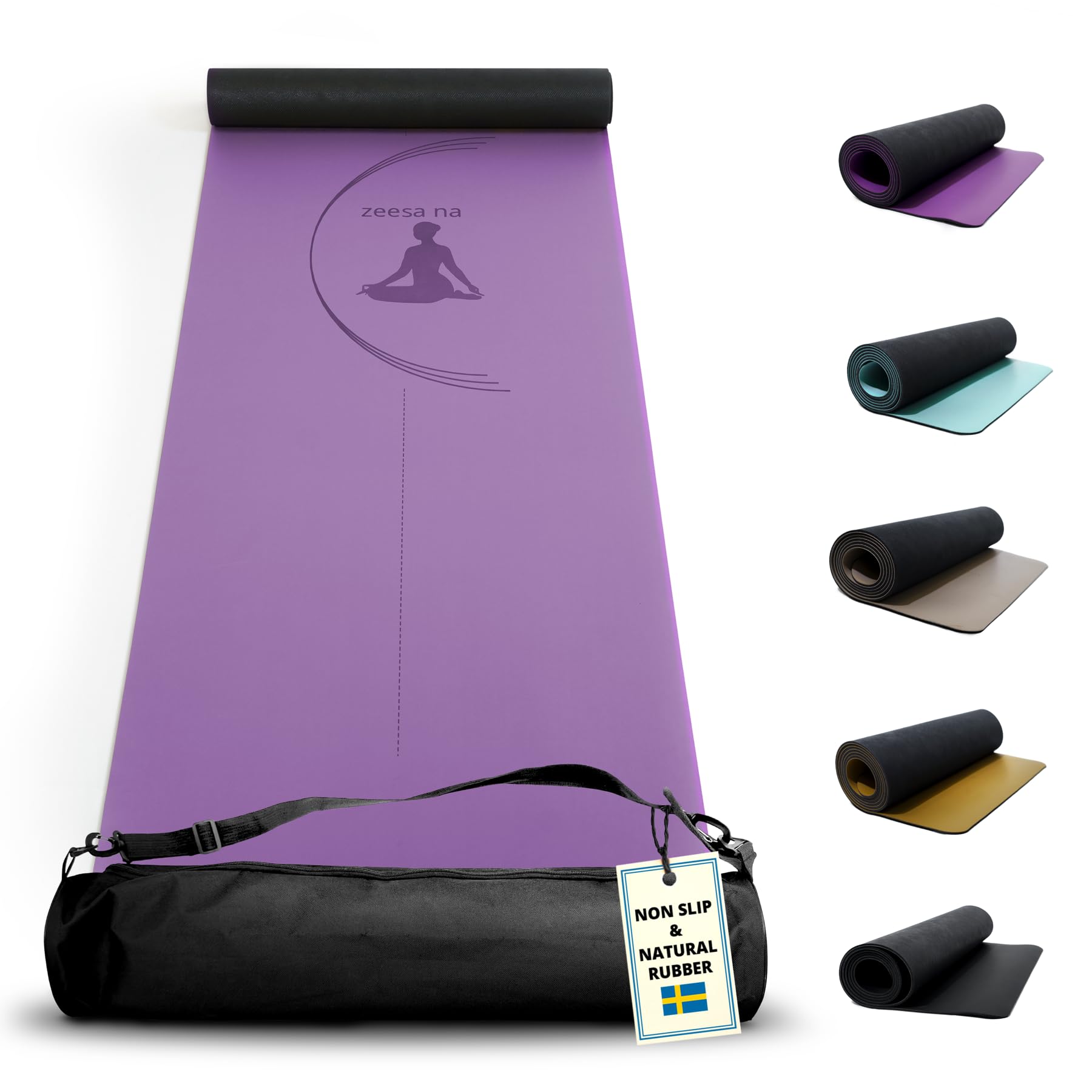 Zeesa Na Premium Natural Rubber Yoga Mat with Bag, Hot Yoga Mat Non Slip Grip, 4 mm Thin with Exceptional Cushioning due to Durable 2-Layer Design, Stretching and Home Workout, L 72” x W 24”