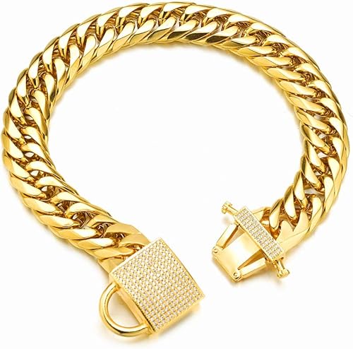 Aiyidi Collar de cadena de oro para perro, collar de cadena doble cubana con cierre de circonita de lujo, collar de acero inoxidable de 0.630in para