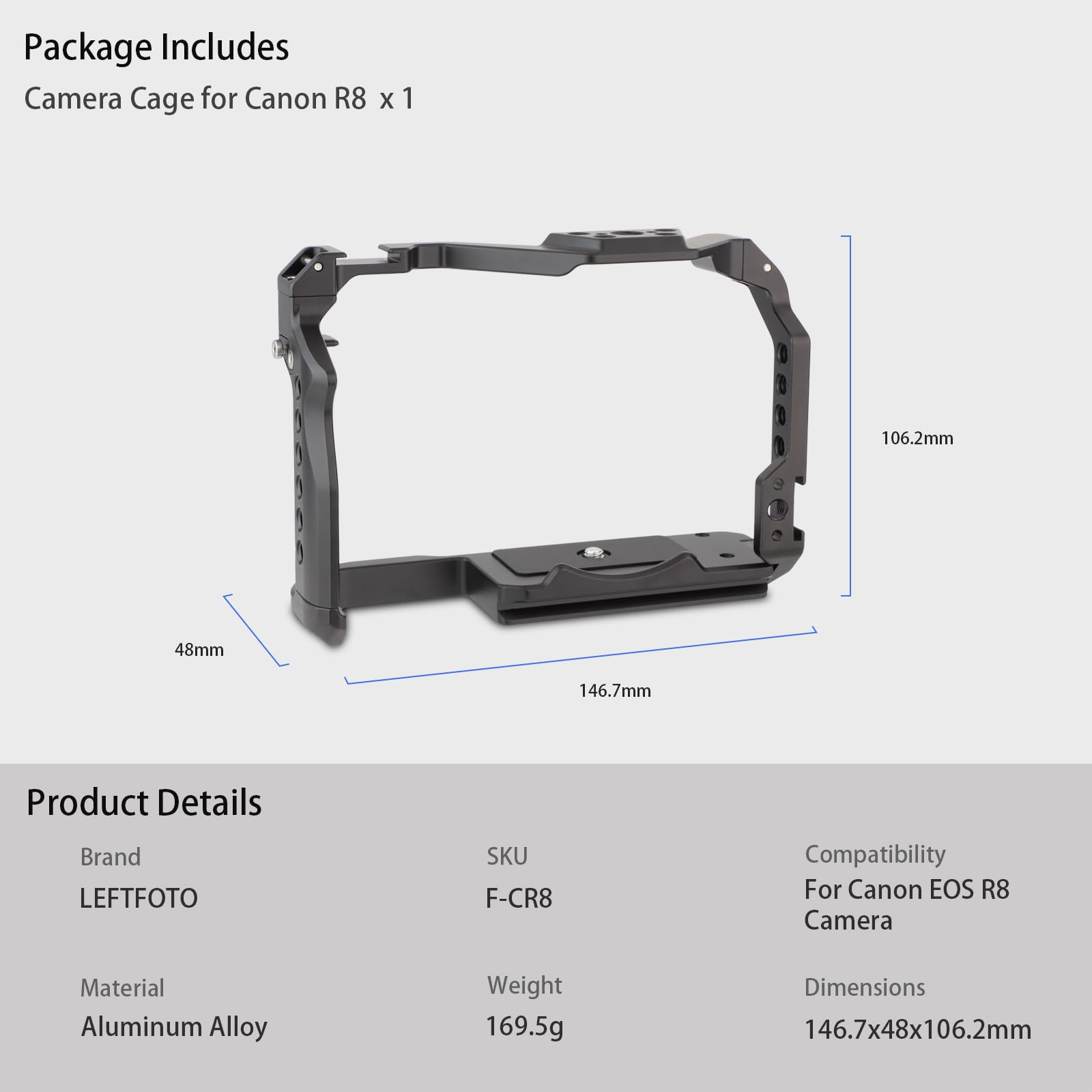 LEFTFOTO Gabbia per fotocamera Canon EOS R8 con base Arca, scarpa fredda, slot per cinghia, fori per viti da 1/4 e 3/8", compatibilità stabilizzatore DJI RS - per riprese video Vlog
