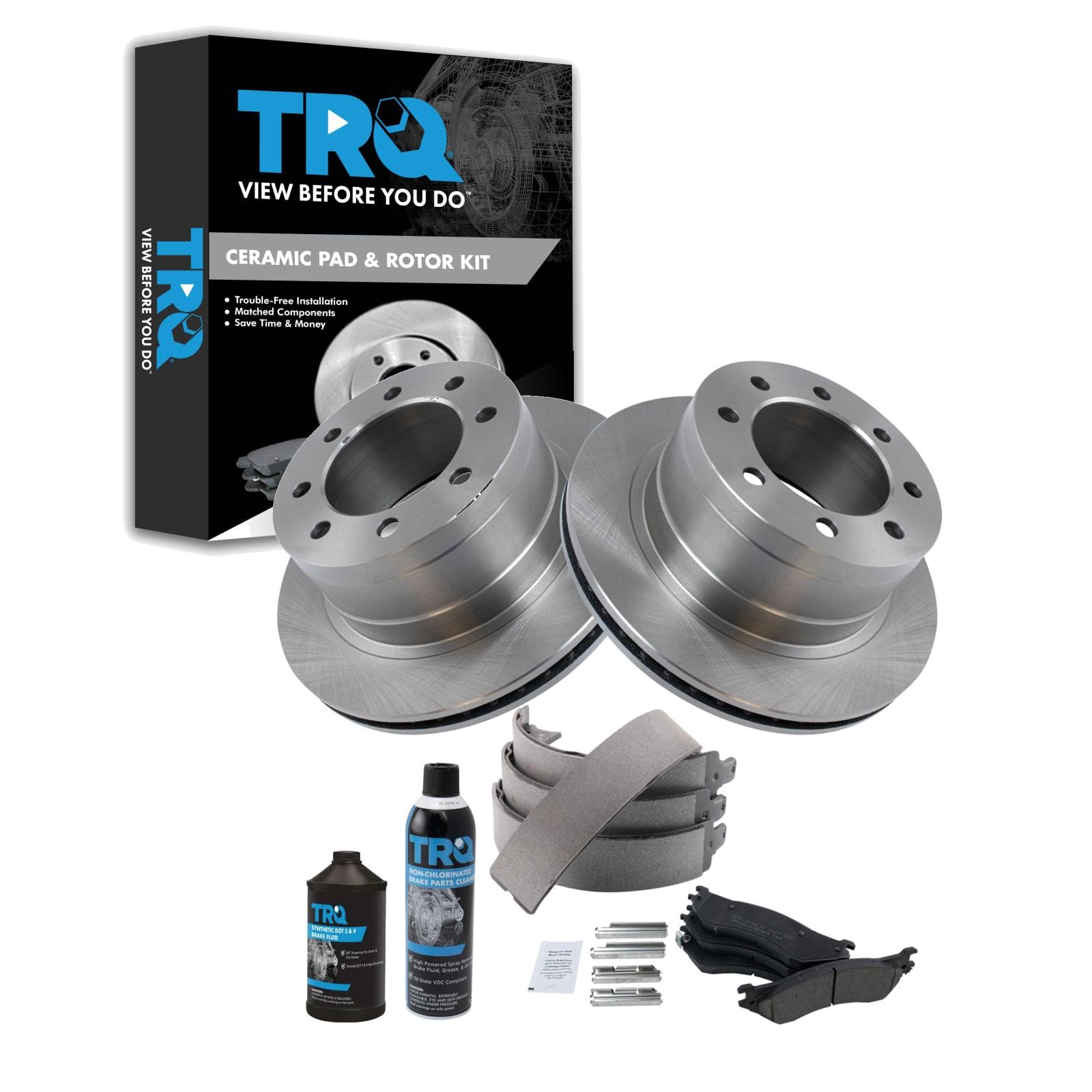 TRQ Rear Brake Pad &amp; Rotor Kit, with Chemical Kit Parking Brake Shoe Set Ceramic Compatible with 2007-2008 Dodge Ram 1500 2006-2008 Ram 2500, 3500