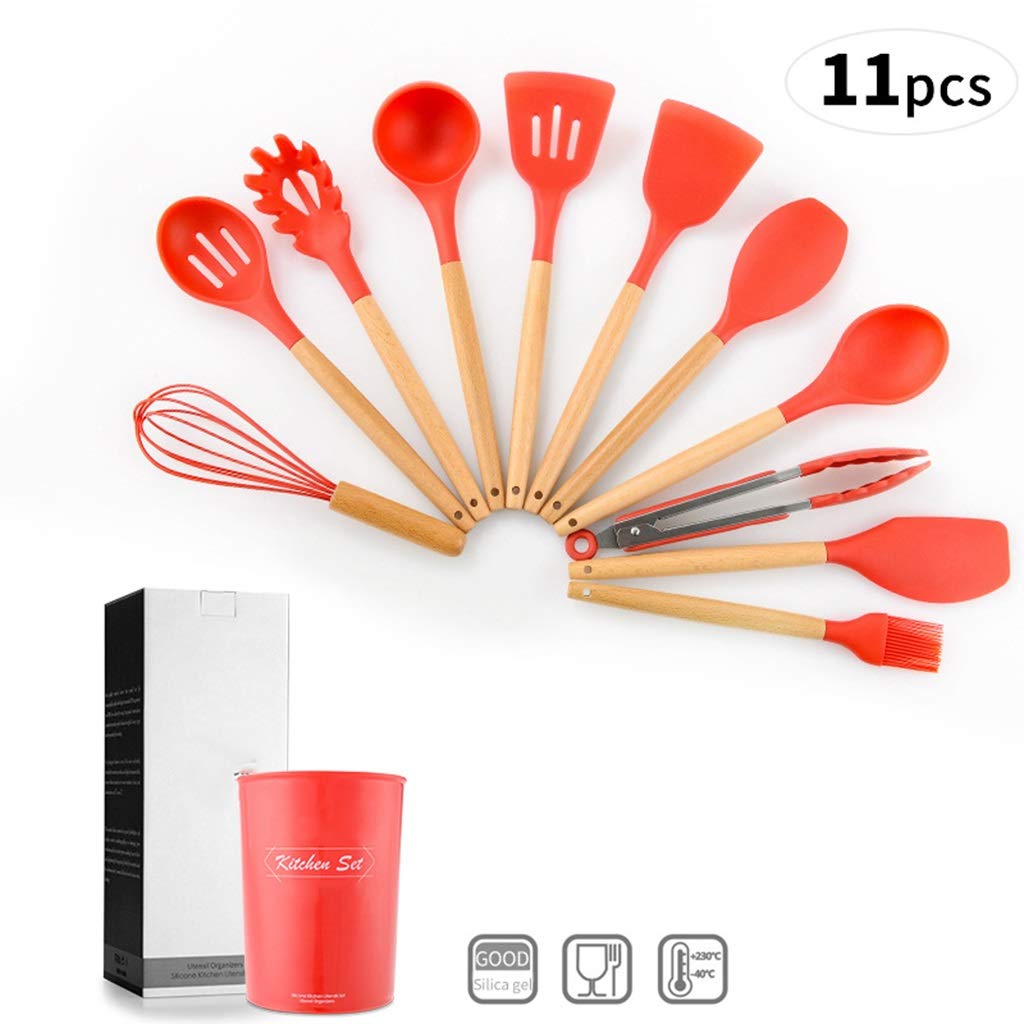 YYDS Koch Utensilien 11 PCS Küchenzubehör Set mit Halter Silikon Utensilien Kochsets Holzgriff Nonstick Kochgeschirr Küchenhelfer, Red Kochzubehör