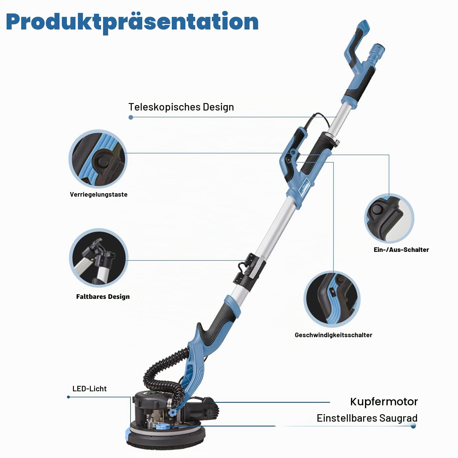 Giraffenschleifer, 750 W, professionell, mit automatischem Vakuumsystem und LED-Licht, Wand- und Teleskop-Deckenschleifer, Durchmesser 215 mm, 7 Geschwindigkeitsstufen, 900-1800 U/min (blau)