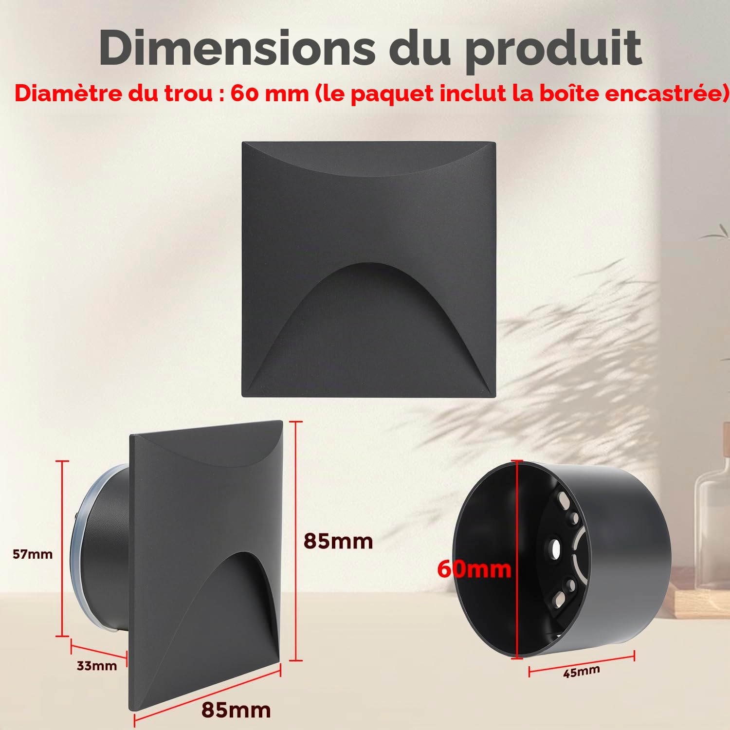 Arotelicht 4 Lampes d'escalier LED 3W Blanc Chaud 3000K Applique Murale en Aluminium 230V à angle encastré IP44 étanche Intérieur Extérieur Noir Lumière des marches, avec boîte d'encastrement