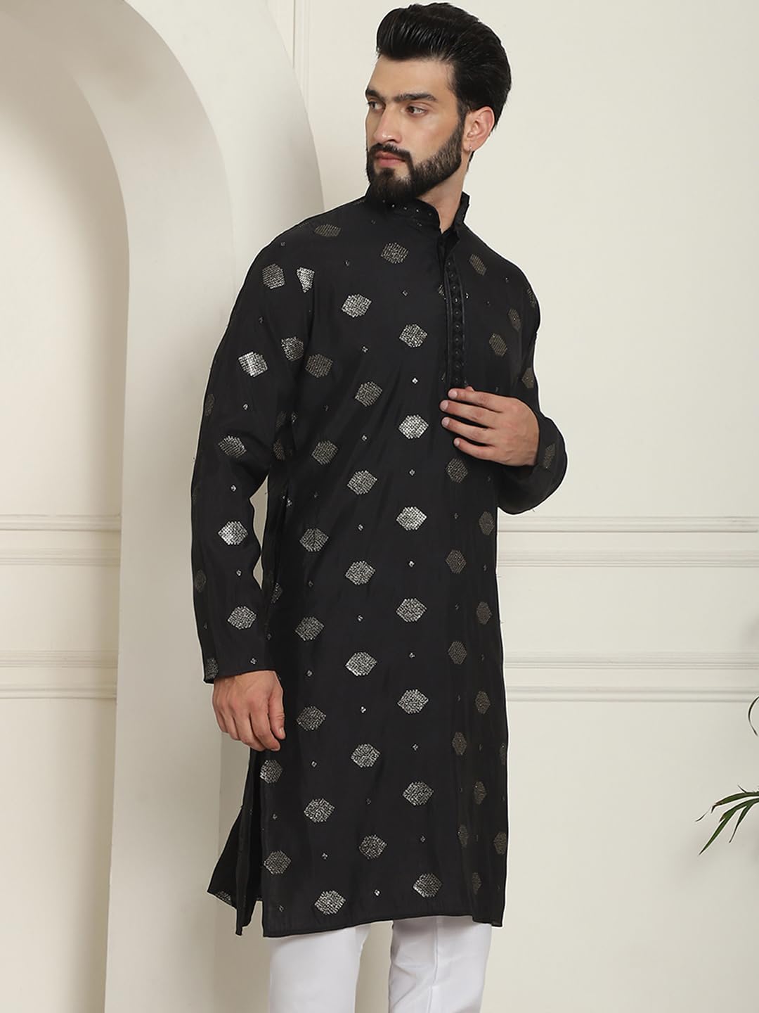 Sojanya (Since 1958 Men's Cotton Silk Sequinned Embroidered Black Long Kurta