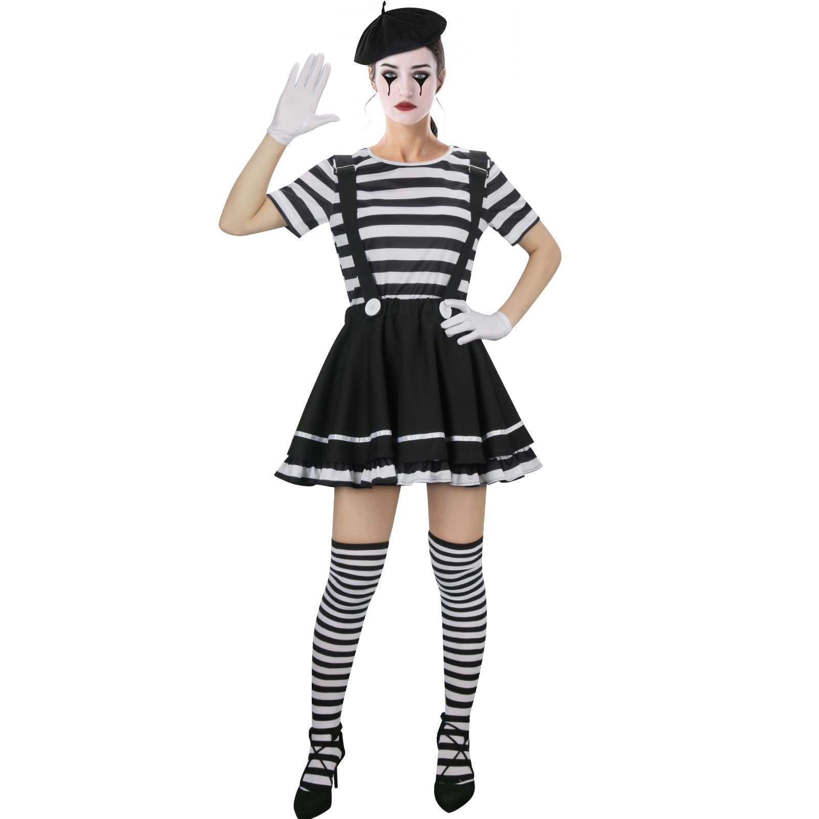 SOLOTIMES Adult Women French Mime Costume Outfit Girls Paris Artist Halloween Cosplay Shirt Dress Beret Socks Gloves Suit Set