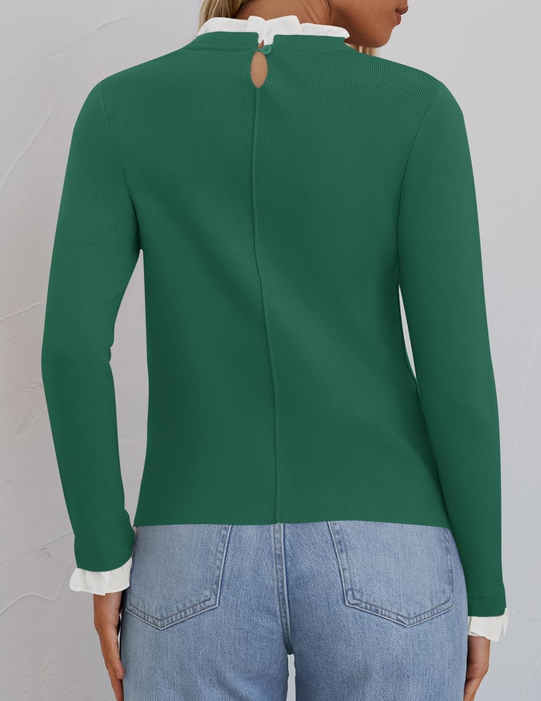 ZESICA Womens Long Sleeve Ruffle Sweaters 2026 Spring Crewneck Color Block Slim Fit Basic Casual Knit Pullover Sweater Tops - Image 4