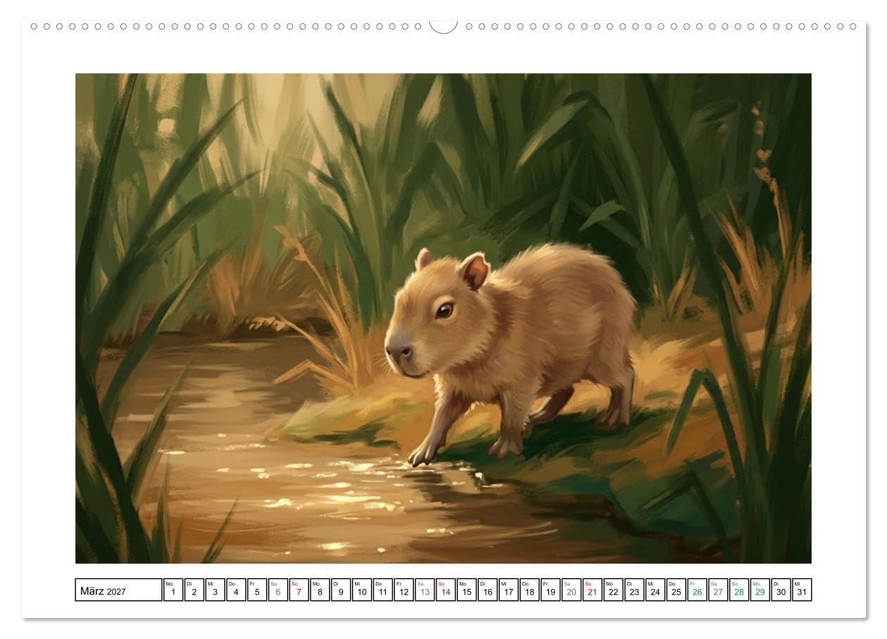Capybara – Ein Nachmittag am Fluss (Wandkalender 2027 DIN A2 quer), CALVENDO Monatskalender: Eine Gruppe und ihre Kleinen (CALVENDO Tiere)