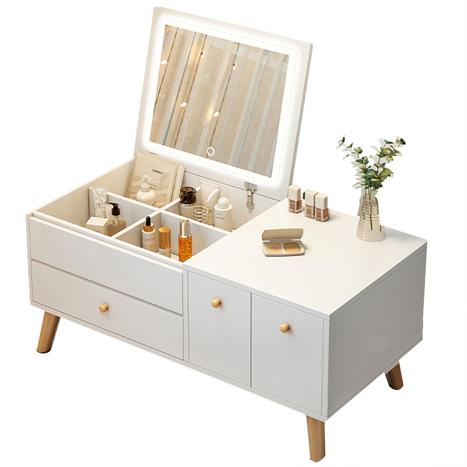 asdchZen Modern Compact Vanity Desk With Folding Mirror And Storage Drawers Minimalist Makeup Table For Small Spaces Perfect For Bedroom And Limited Areas