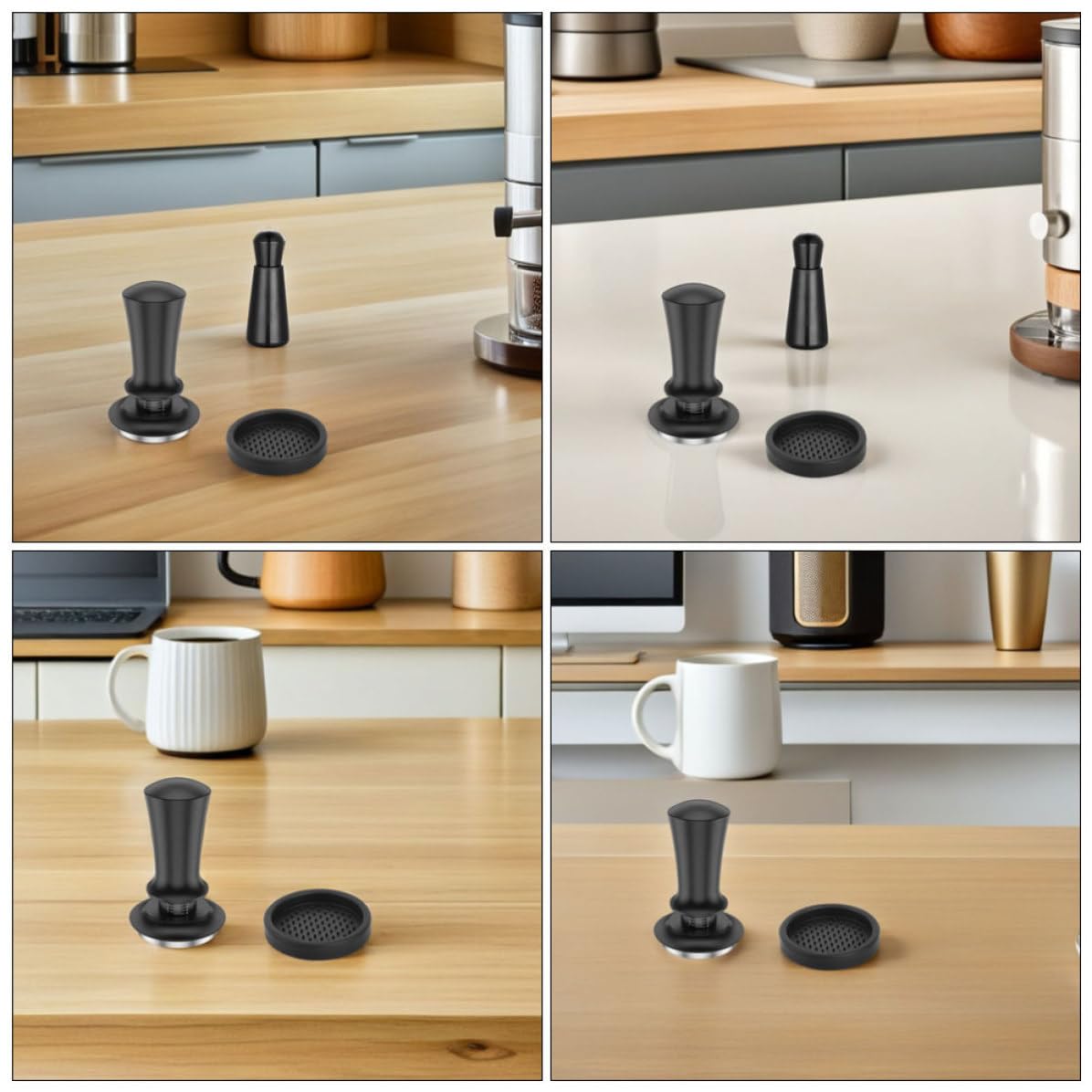 GALPADA Edelstahl Espresso Kaffeestampfer Satz mit Präzisem Dosierring und Nadelverteiler Silikonmatte Kompatibel mit Espressomaschinen Einfache Reinigung Schwarz