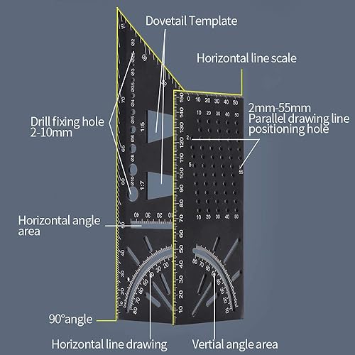 Miniatura 2 de Regla de medición de tamaño cuadrado para carpintería de aleación de aluminio, herramienta de medición de ángulo de inglete 3D, regla de diseño de