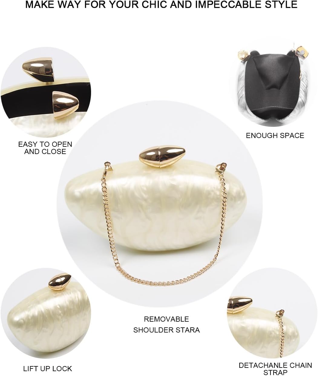 Evening Clutch Purse for Women, Acrylic Wedding Guest Clutch Metal Chain Shell Shoulder Crossbody Bag