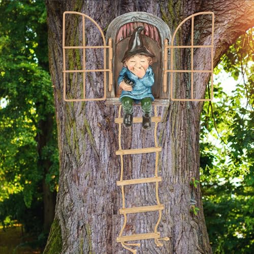 Toromiu Garden Gnomes Decoration Outdoor Tree Faces Decor with Hanging Ladder for Yard Elf Out The Door Tree Hugger Figurine Resin Garden Sculpture Ornament Whimsical Gnome Decor for Patio Yard Lawn