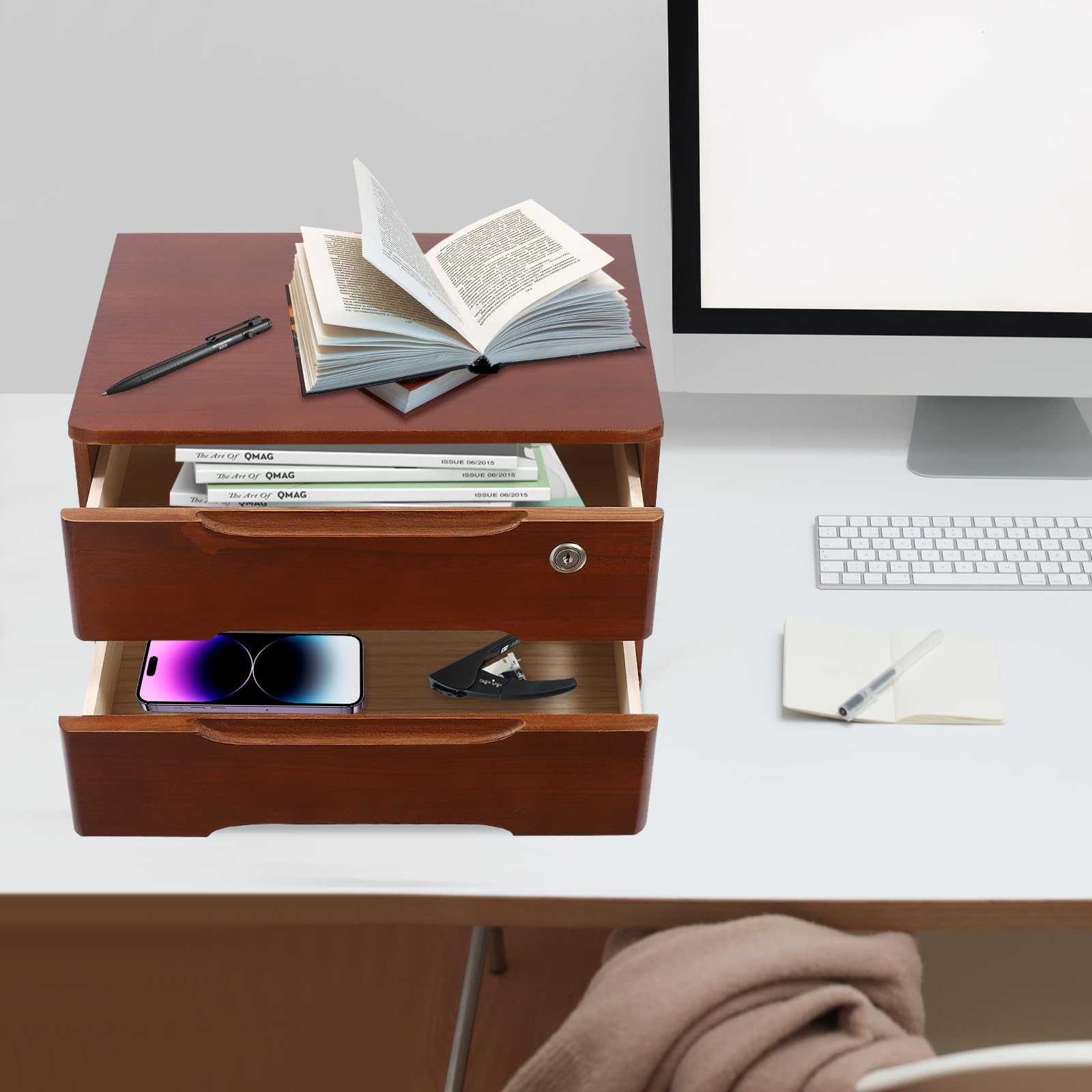 Cassettiera in legno, a 2 livelli, organizer da scrivania con cassetti richiudibili, mini cassettiera con serratura, 39 x 30 x 21,5 cm, per uffici, camera da letto, ecc. (noce)