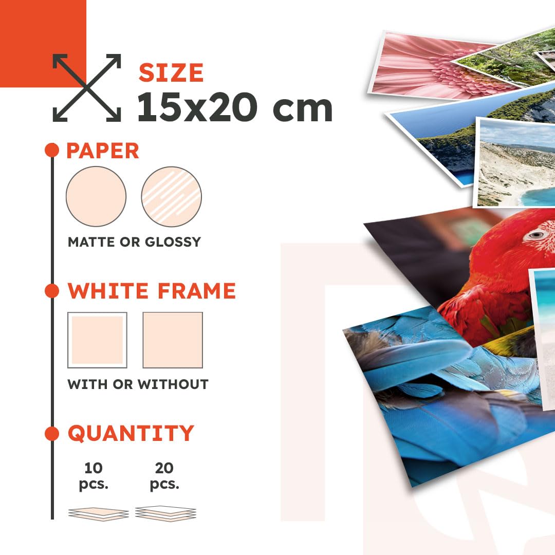 Sviluppo fotografico personalizzabile | Stampa di foto in formato 15x20 cm | Confezione da 45 foto | Finitura a scelta opaca o lucida, con o senza bordo bianco