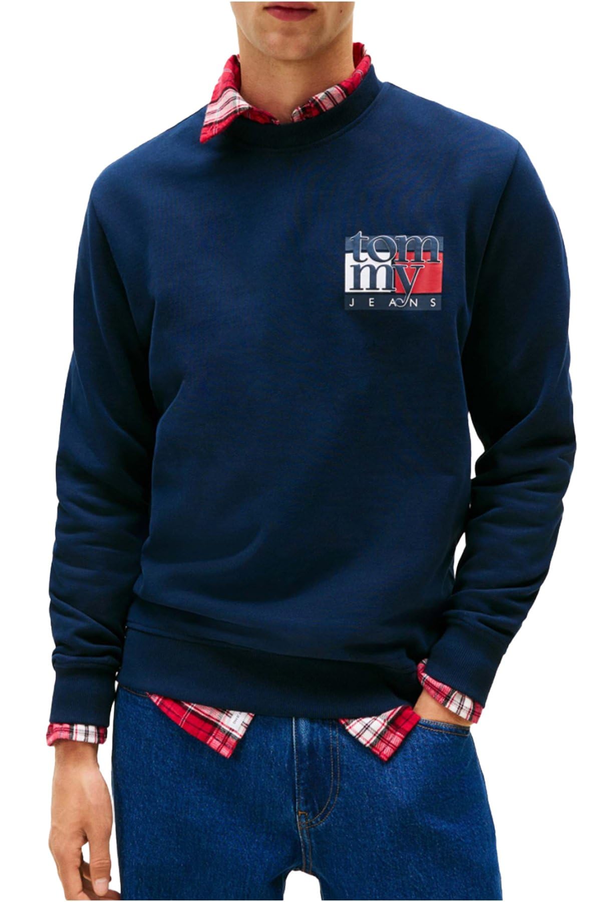 TOMMY JEANS Męski TJM REG RWB FLAG CREW EXT DM0DM22093, niebieski, S, Niebieski (Dark Night Navy), S