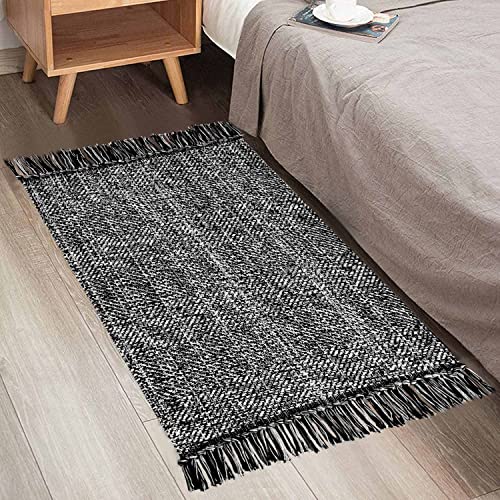 Boho Bathroom Rug 2'X 3', Black Cream Hand- Woven Cotton Reversible Small Entryway Rug With Tassels Machine Washable Rug For Kitchen/Laundry/Doorway Porch Throw Floor Mat #TOP5