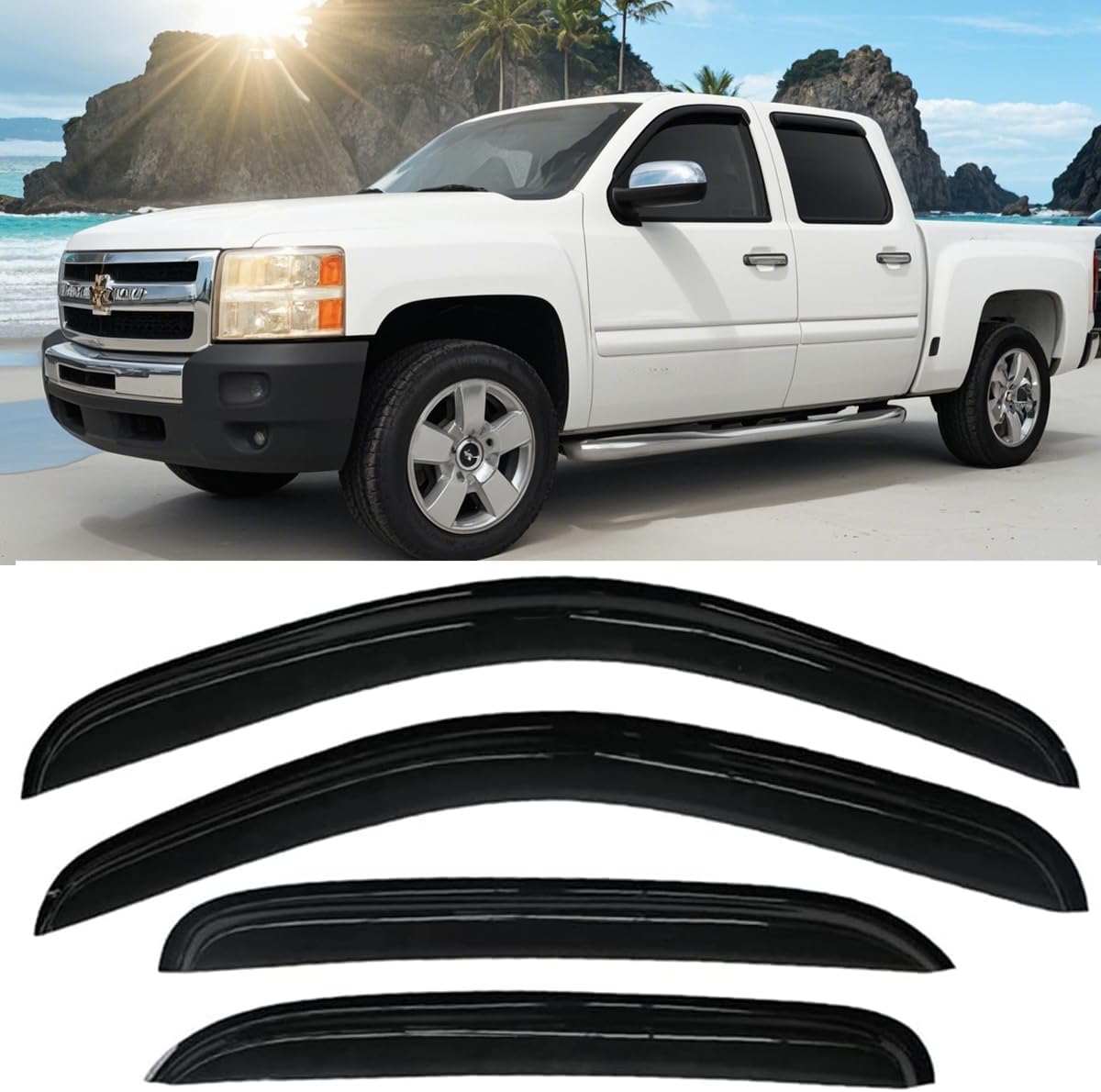 Tape on Side Window Deflectors Rain Guards Vent Sun Shades Window Visors for 2007-2013 Chevy Silverado & GMC Sierra 1500 2500HD 3500HD Crew Cab, 07-14 Yukon XL/Suburban/Avalanche, Smoke 94515 For 07-13 Silverado/Sierra Crew Cab