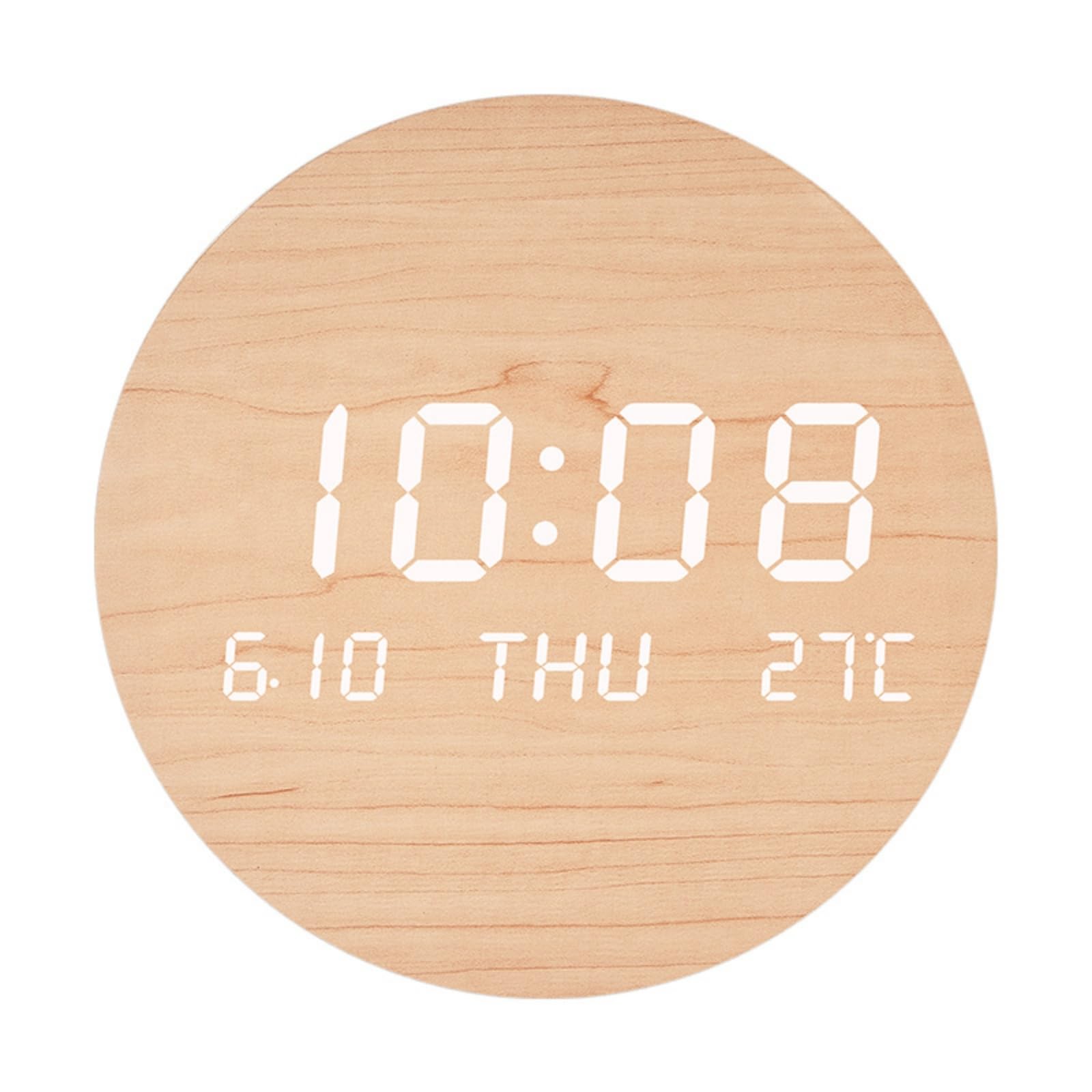 LOVIVER Reloj de Pared Eléctrico Digital Reloj LED Reloj Redondo Reloj Decorativo Moderno con Dígitos Día y Temperatura Visibles Luz Suave por la Noche, Wood