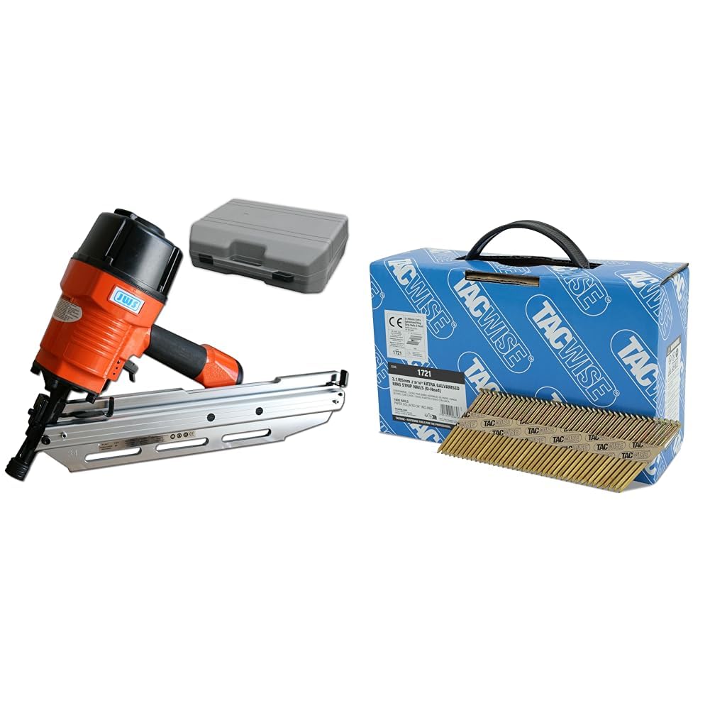 Druckluft Streifennagler Druckluftnagler Nagelgerät 34° 50mm bis 90mm Nagler & TACWISE 1721 Extra verzinkte Rahmennägel, 3,1/65 mm, D-Kopf, Ringschaft, 34°-Neigung, papiergebunden, 1600 Stück, Silber