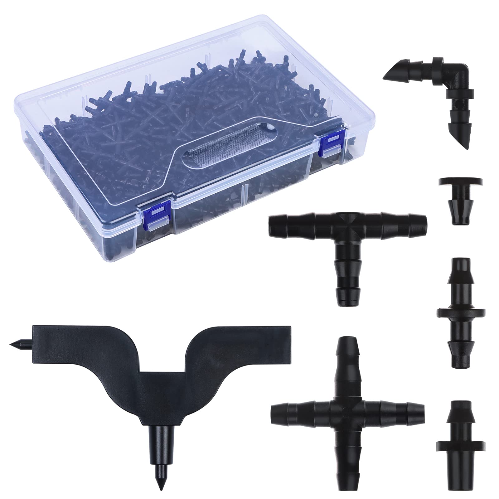 Photo 1 of 650Pcs 1/4 Inch Drip Irrigation Fittings Kit, Water Hose Drip Irrigation Connectors Set, 6 Kinds of Different Drip Irrigation Barbed Connector and 2 Punch Tool for Vegetable Gardens Lawns