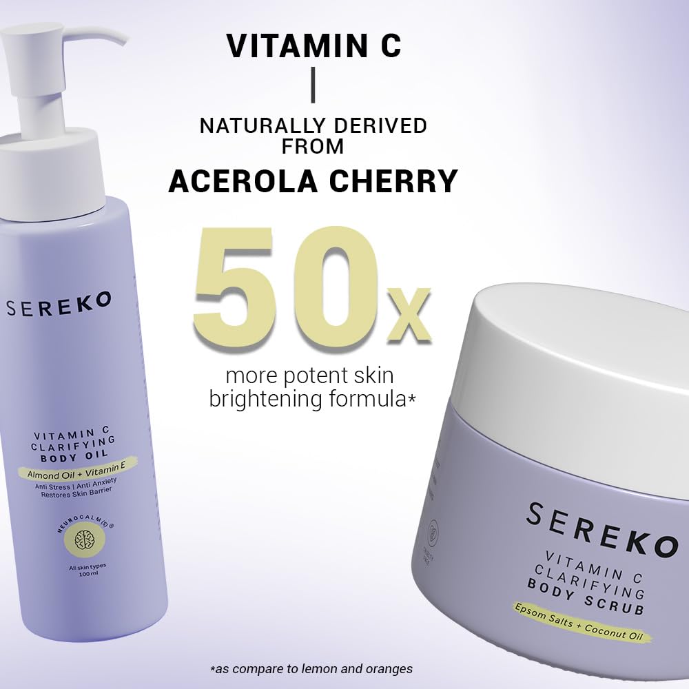 SEREKO Vitamin C Body Exfoliating Kit Clarifying Body Scrub 100 g, Clarifying Body Oil 100 ml, Exfoliator for all Skin Types, Natural, Cruelty free, Vegan, Clean Beauty for Gifting and Personal Use 2