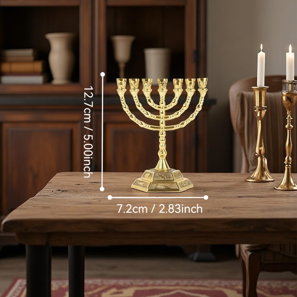 7 Branch Hanukkah Menorah Candle Holder Gold Candelabra with 12 Tribes of Israel Design, 5 Inch Jewish Candle Holder for Hanukkah Holiday Party Table Centerpiece Home Decoration