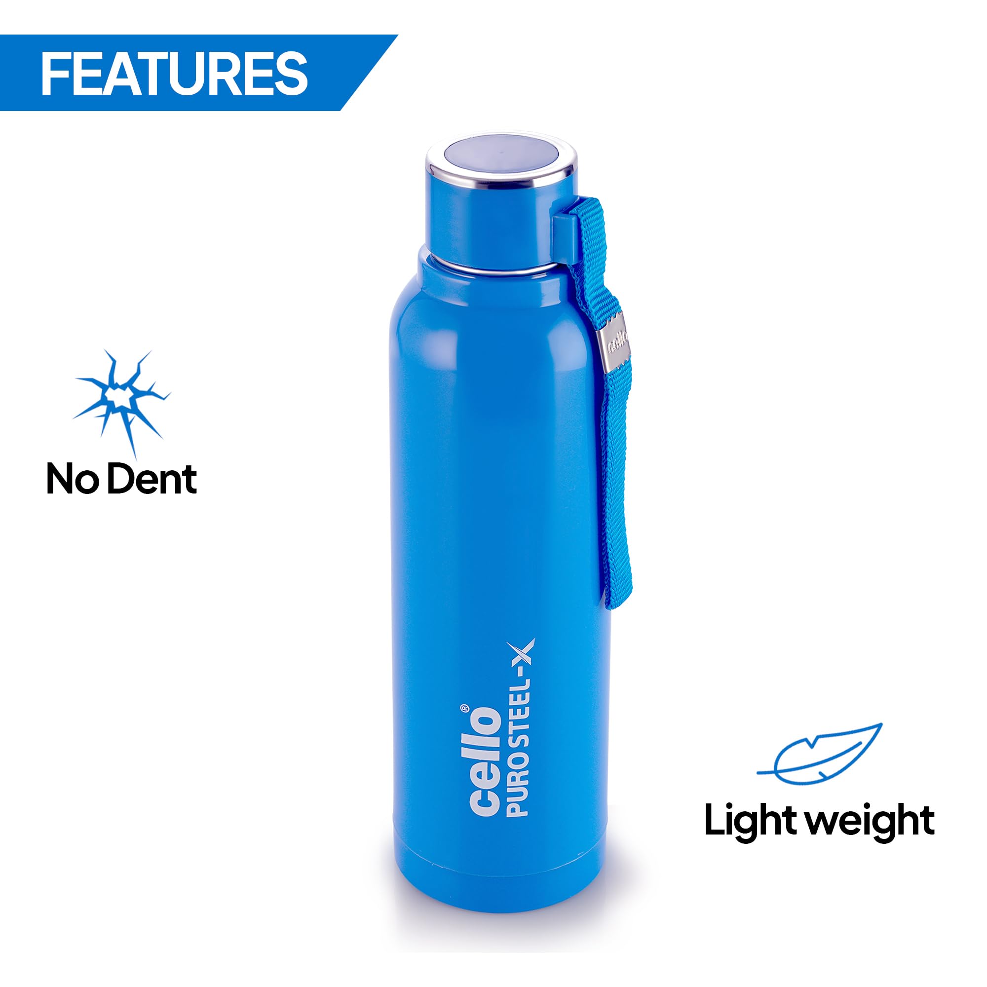 Cello Puro Steel-X Benz 900 Wasserflasche, auslaufsicher, breite Öffnung und leicht zu öffnen, isolierte innere Stahl-Außen-Kunststoff-Wasserflasche, 730 ml, Blau