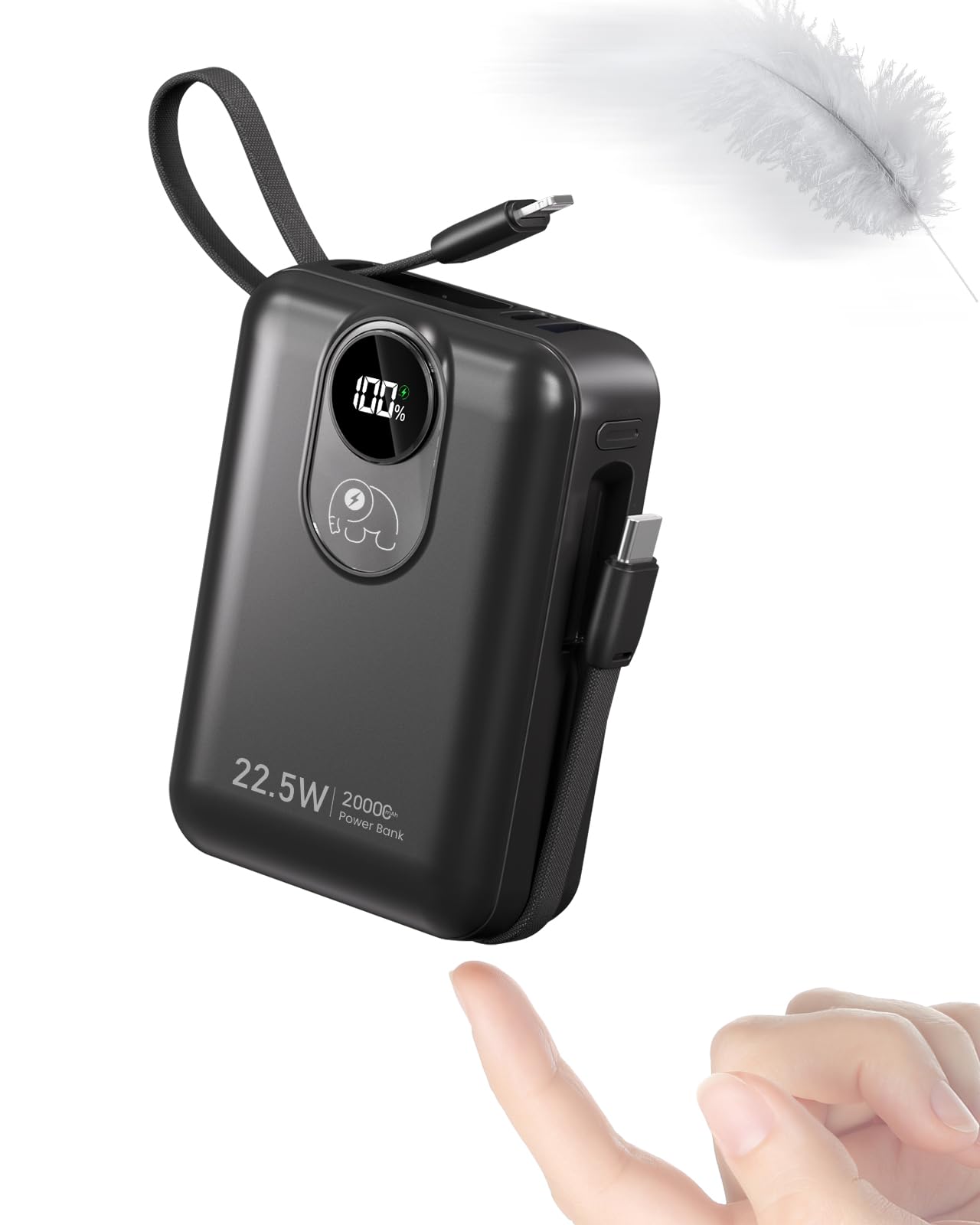 Batería externa de 20000 mAh con cable incorporado: 22,5 W Power Bank de carga rápida para teléfono móvil, batería USB C (Input & Output), cargador portátil con 4 salidas y 2 entradas