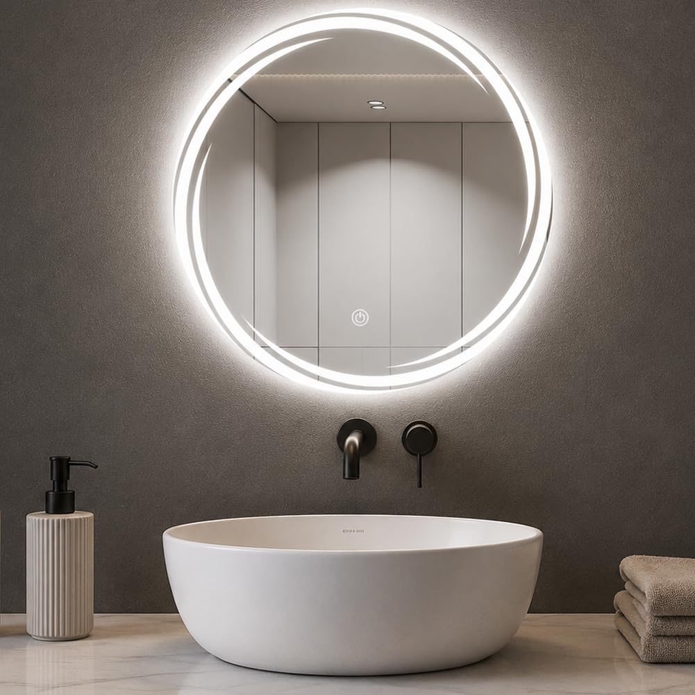 Shally Dogan Specchio Spirale da Parete con Led Dimmerabile a 3 Colori, Bianco Freddo, Caldo e Naturale, Accensione con Touch, Decorazione da Muro Design Moderno e Salvaspazio