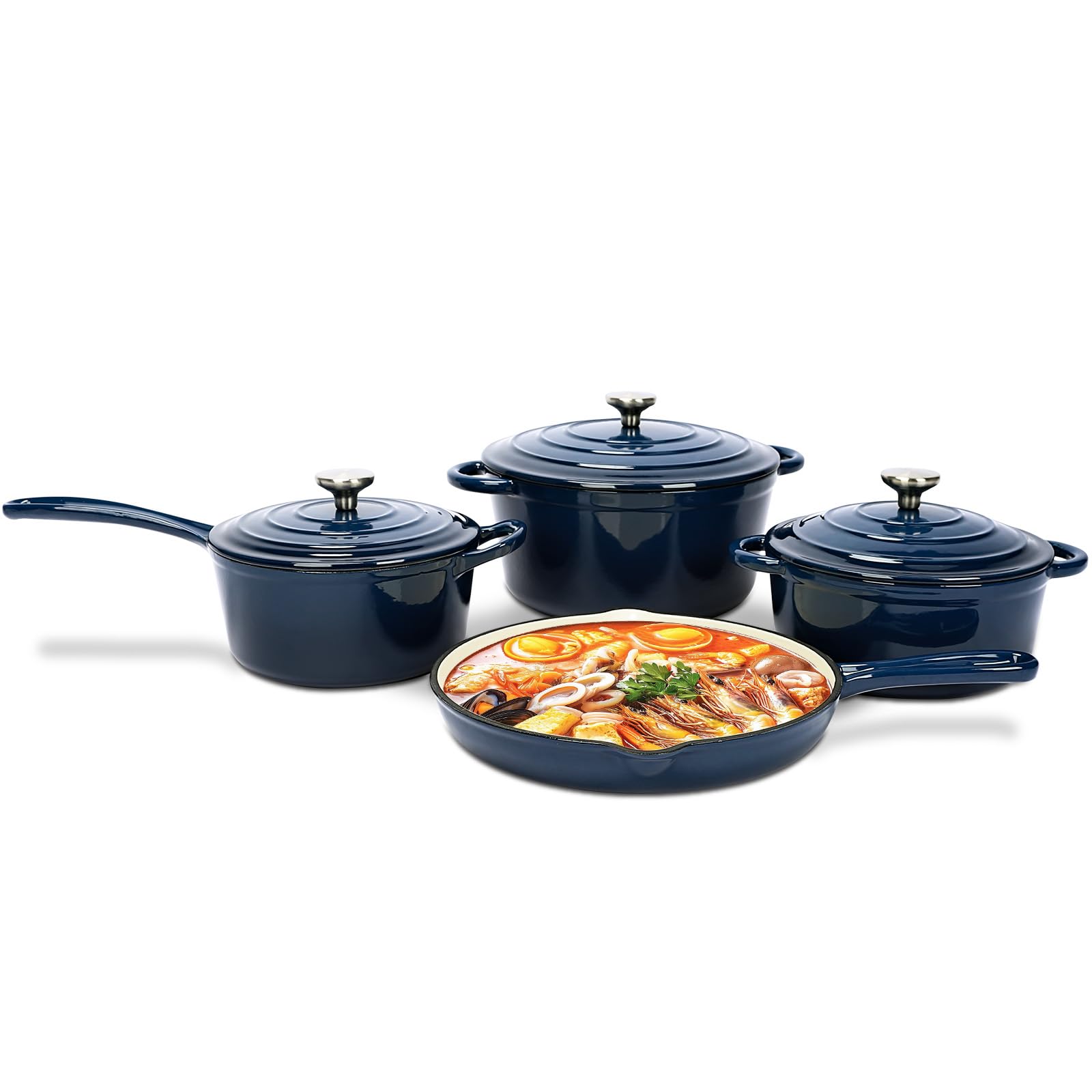 QuliMetal Nonstick Enameled Cast Iron Cookware Set, Kitchen Cooking Set, 7 Pcs Pots and Pans Set with Lid & Dual Handles - Non Toxic Cookware Set - Oven Safe & Compatible with All Stovetops, Navy