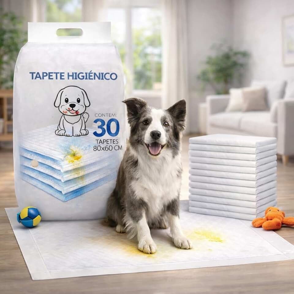Tapete Higiênico para Cachorro Pet Cães 30 Unidades 80x60 Com Fitas Adesivas Antivazamentos Ultra Absorção 6 Camadas Anti Odores Descartável