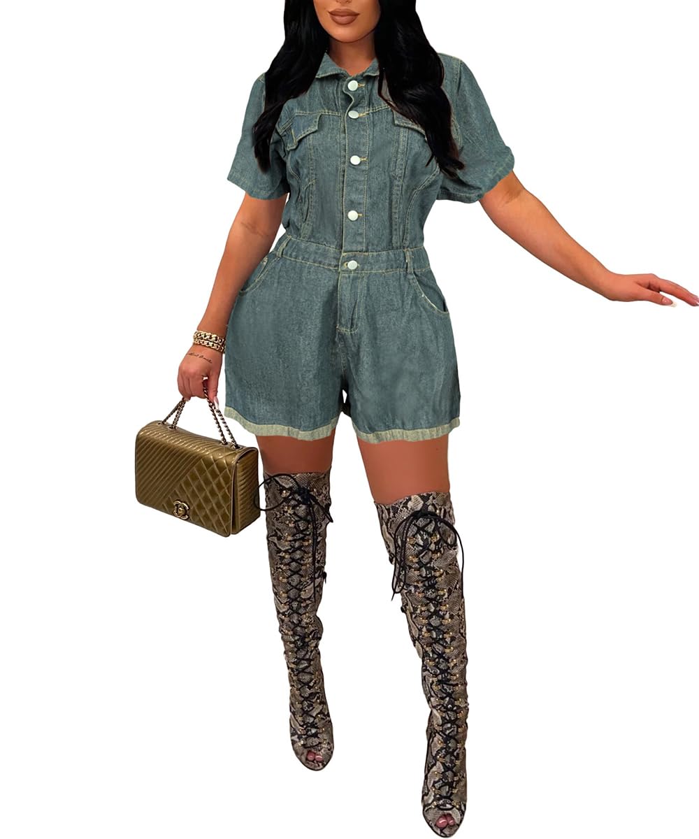 Femmes Haute Taille Manches Courtes Denim Combinaison Lavé Revers Jean Shorts Rompers