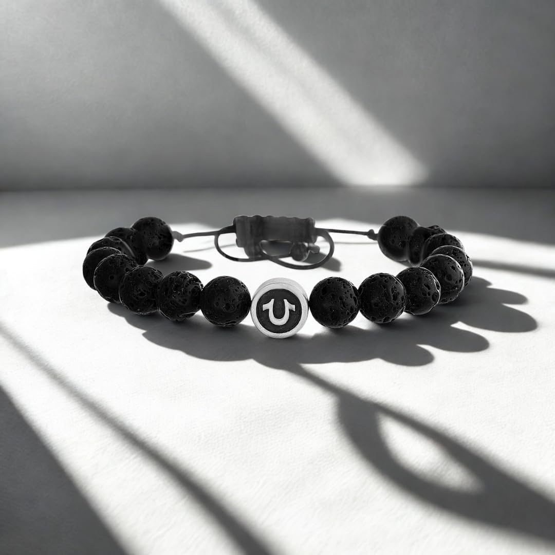 True Religion 8mm Black Bead Horseshoe 11 Inch Long Adjustable Bracelet for Men Stainless Steel - Image 4