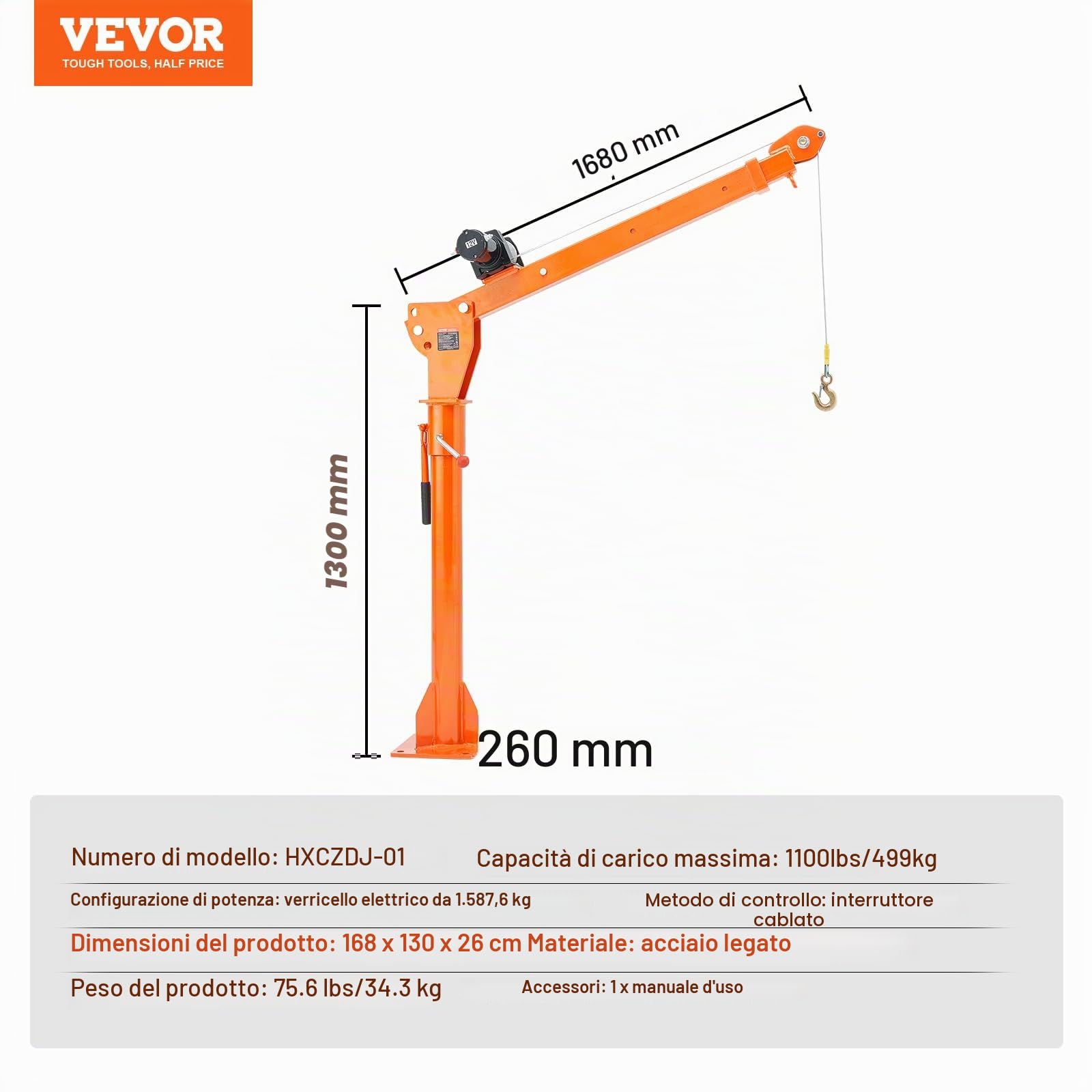 VEVOR Gru per Pickup Elettrica Carico max. 499 kg, Gru a Piattaforma Pieghevole Montata su Camion con Verricello Elettrico, Gru a Bandiera in Acciaio per Pickup Girevole a 360° per Sollevamento
