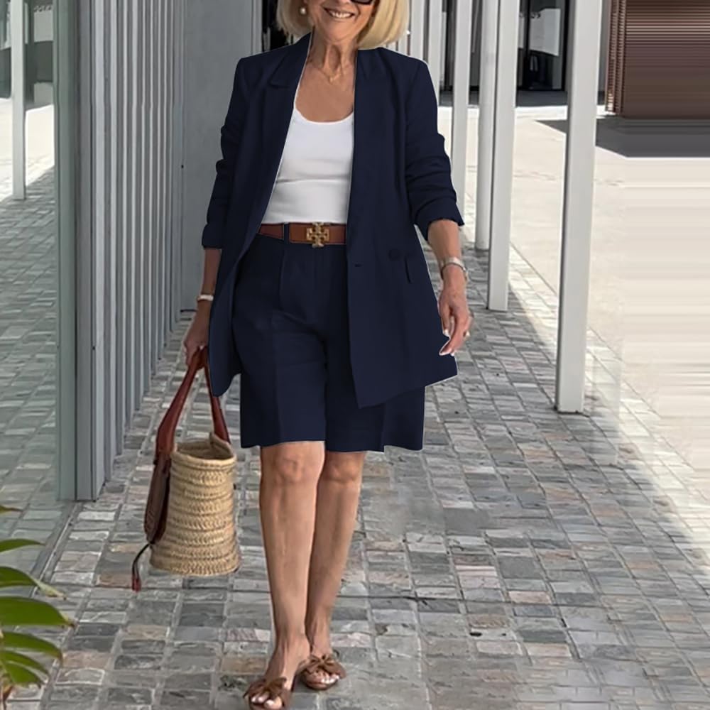 ZOCAVIA Womens Blazer Shorts Set Suit Set 2 Piece Dressy Short Sets Solid Open Front Long Sleeve Suit Jackets and Short Pants