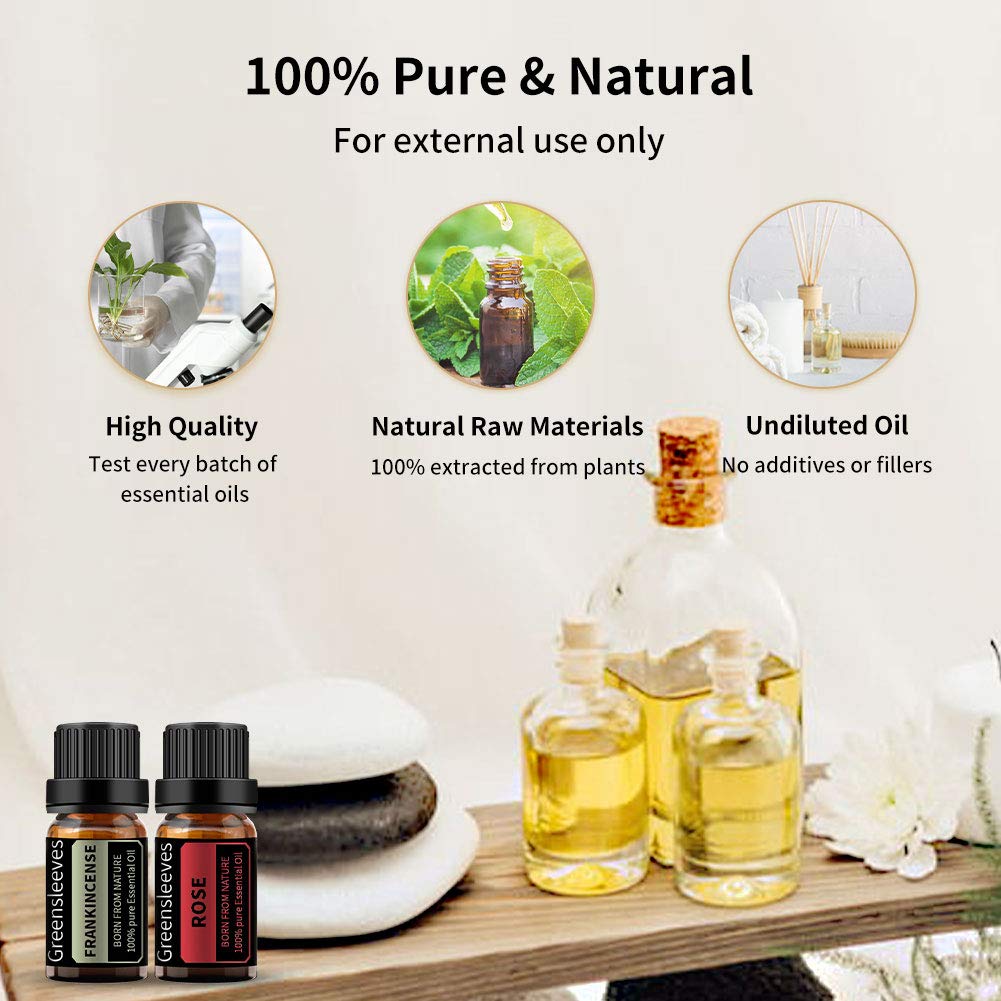 GREENSLEEVES Rose Frankincense Essential Oil Set, 2 x 10ml Pure Plant-Based Fragrance Oil for Aromatherapy, Essential Oils for Diffuser, Massage, Bath Bomb, Scented Candle Soap Making